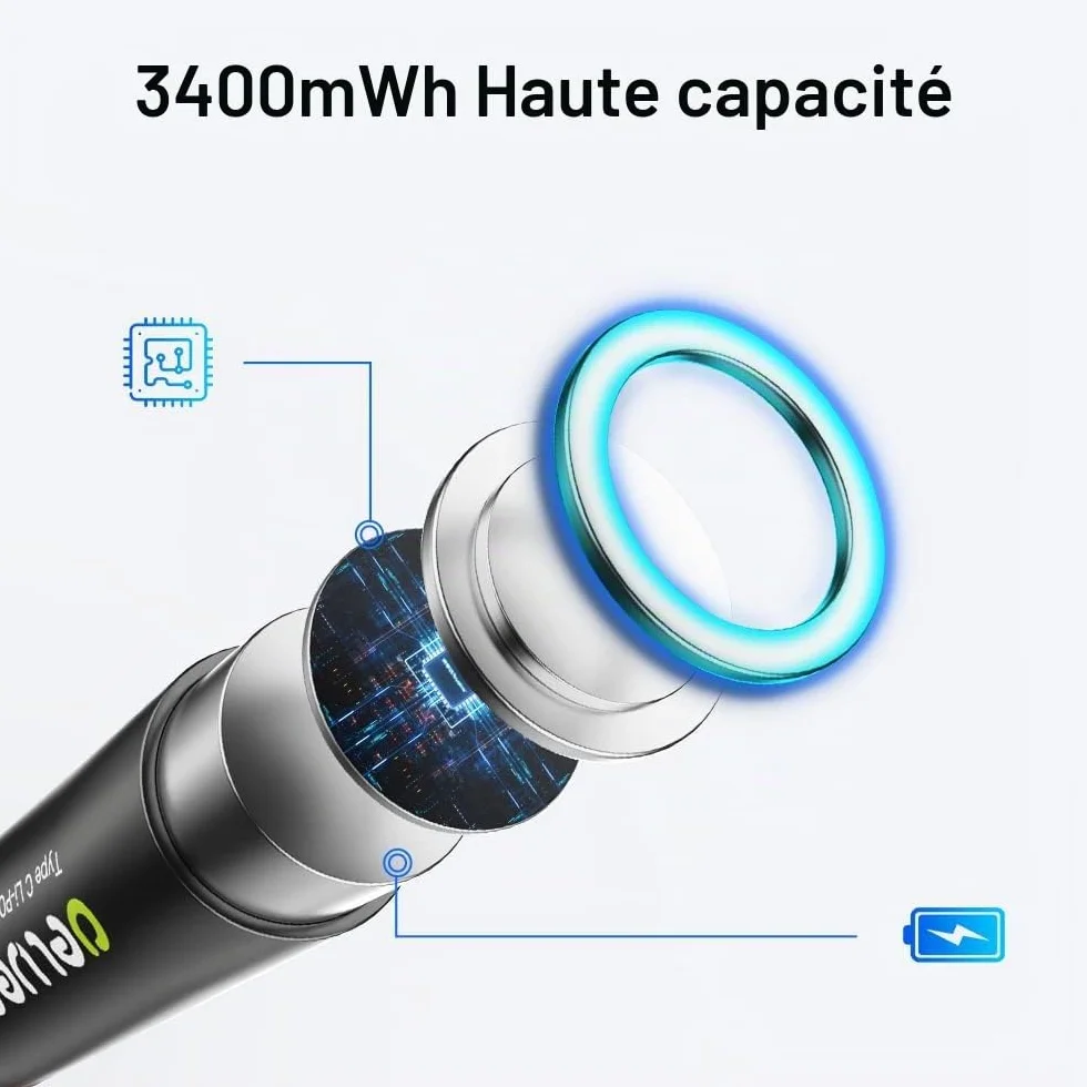 Piles Rechargeables AA 1,5V Lithium 3400mWh USB C 4 Pièces 1500 Cycles