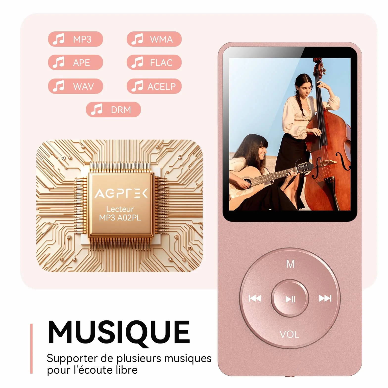 AGPTEK Lecteur MP3 Classique 64Go, Autonomie 70 Heures, Léger 30g, Hi-Fi, Baladeur Sport Enfant Adulte, Carte TF 128G - Rose