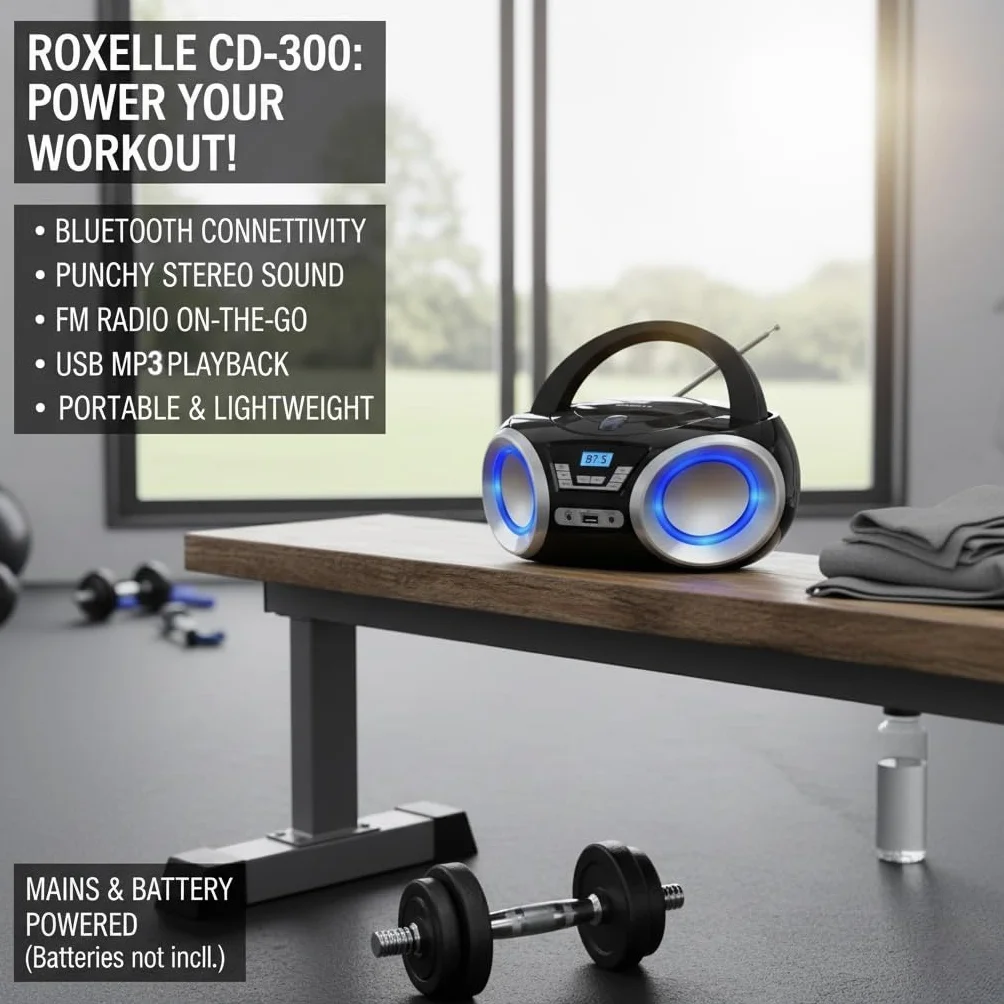 Lecteur CD portable CD-300 BT FM MP3 USB AUX éclairage RVB double alimentation AC batterie écran LCD prise casque