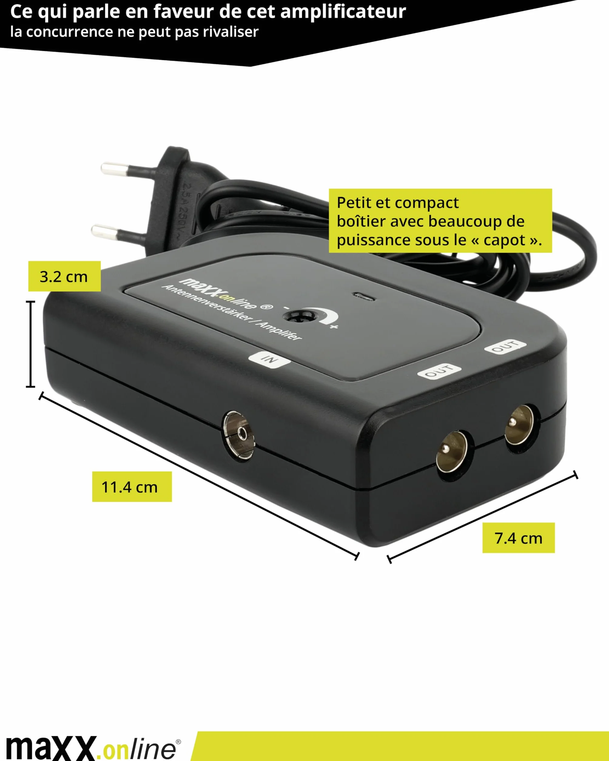 Amplificateur d'antenne 2x20 dB, 85-1006 MHz, F, TV par câble