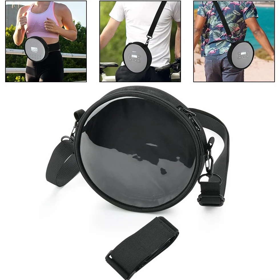 Étui pour lecteur CD avec sangle et fenêtre transparente - Pochette de rangement et de protection pour lecteur CD - Bandoulière réglable et bande de taille - Organisateur en PVC + TPU pour CD