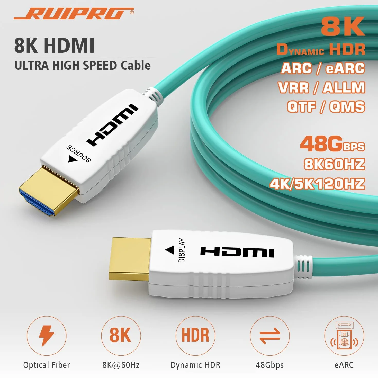 RUIPRO Câble HDMI 8K Fibre Optique 5M, HDMI 2.1 Ultra Haute Vitesse 48Gbps, Prise en Charge 8K@60Hz, 4K@120Hz, HDR Dynamique, eARC, HDCP 2.2/2.3, Compatible avec PS5, Xbox, TV, Projecteur, Moniteur