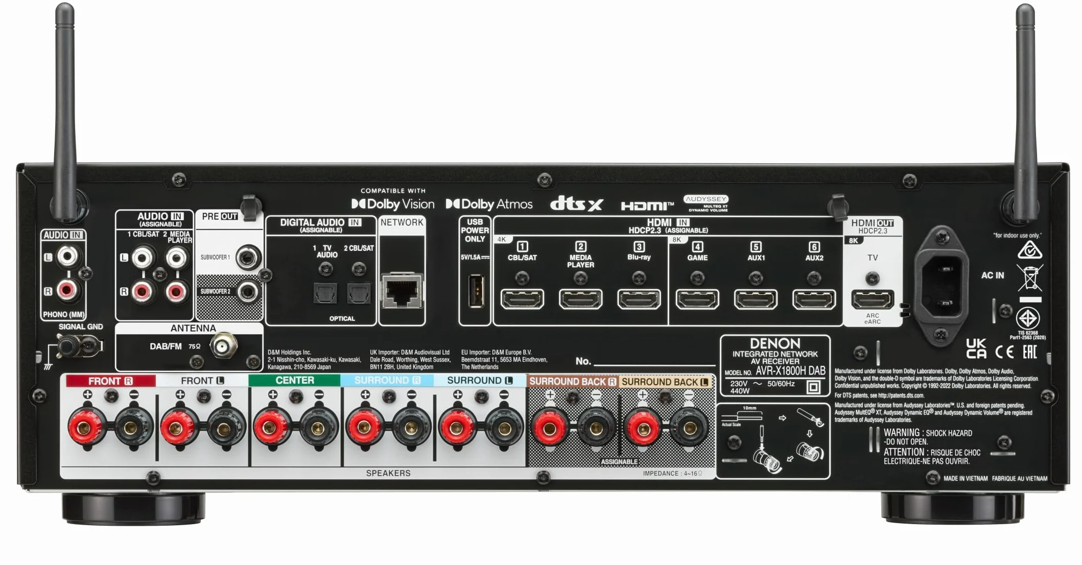 Denon AVR-X1800H Amplificateur AV Home Cinéma 7.2 Canaux 175W HDMI 8K HEOS Dolby Atmos DTS:X Noir