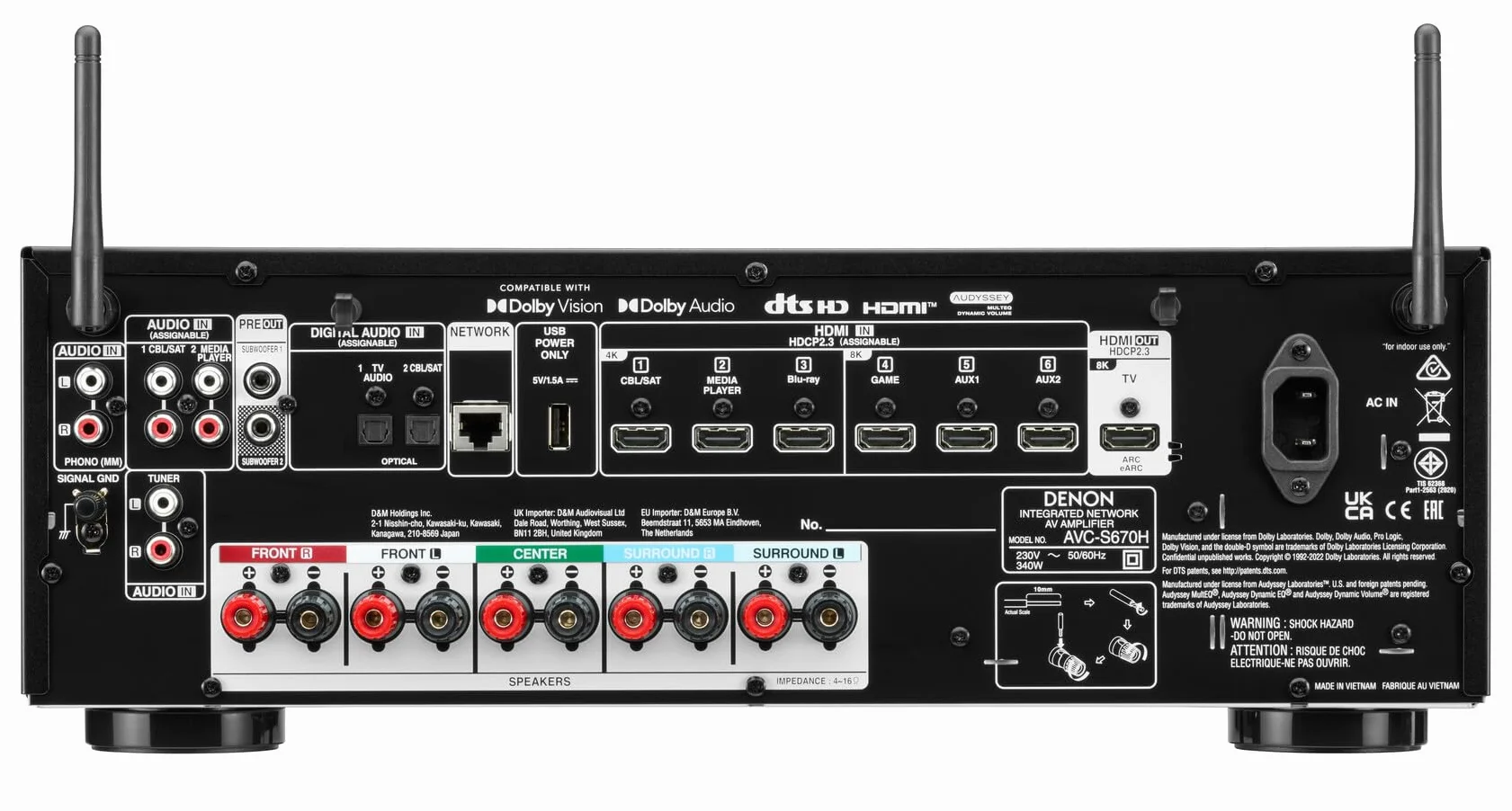 Denon AVC-S670H Amplificateur AV Home Cinéma 5.2 Canaux, 140W, Son Surround Haute Définition, HDMI 8K, HEOS Built-in, Wi-FI, Bluetooth, AirPlay 2, Compatible Alexa - Noir