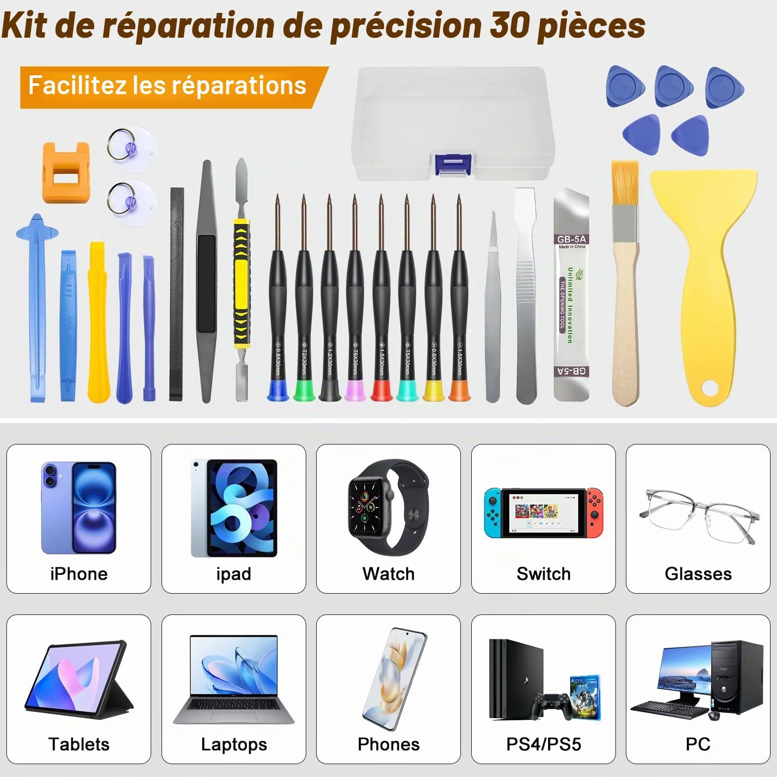 DTD Kit d'outils de réparation 30 en 1 pour téléphone portable, tournevis de précision pour smartphone, tablette, montre, lunettes, PS4, Switch