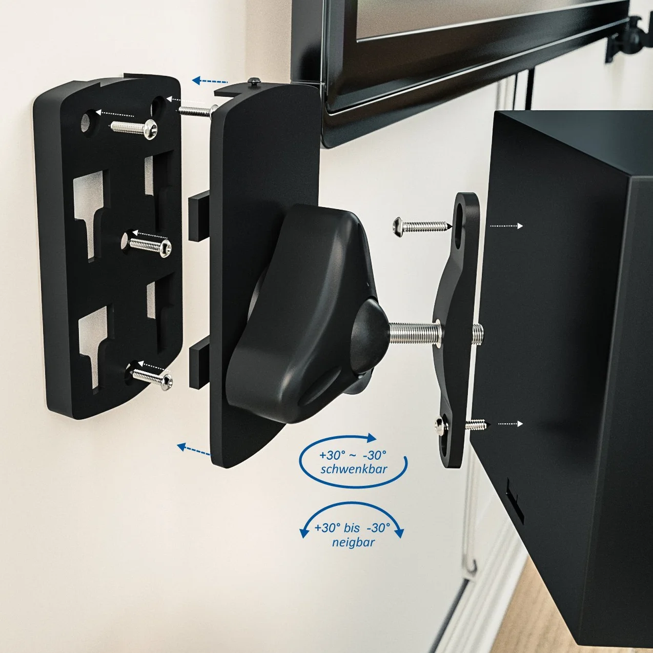 deleyCON 4X Support Mural Universel pour Enceintes Fixation de Boîtes Rotation + Inclinaison Résistant à Une Charge Maximale de 10Kg Montage Mural + Montage au Plafond - Noir