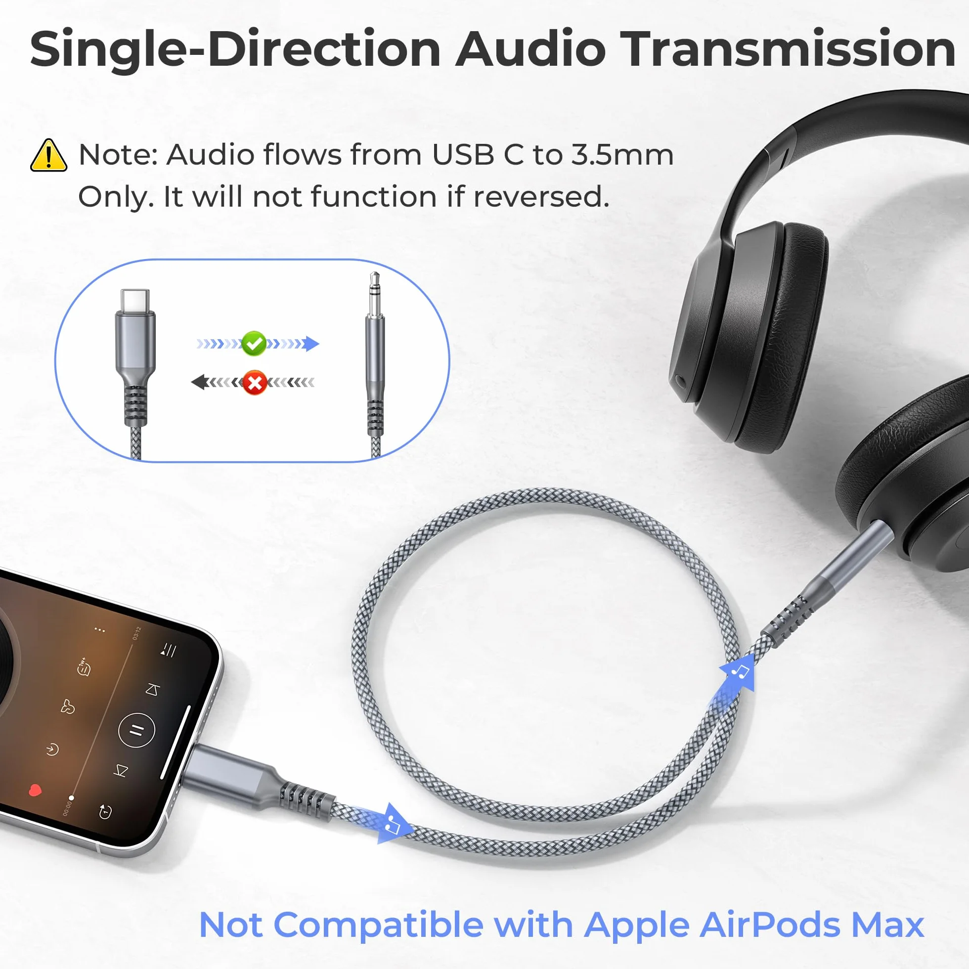 BASESAILOR Câble Auxiliaire 1.2M Type C vers 3.5mm Audio Jack pour iPhone 17 17e Air 16 15 Pro Max Plus, Samsung S26 S25 S24 S23 A56 A55, Z Fold, iPad