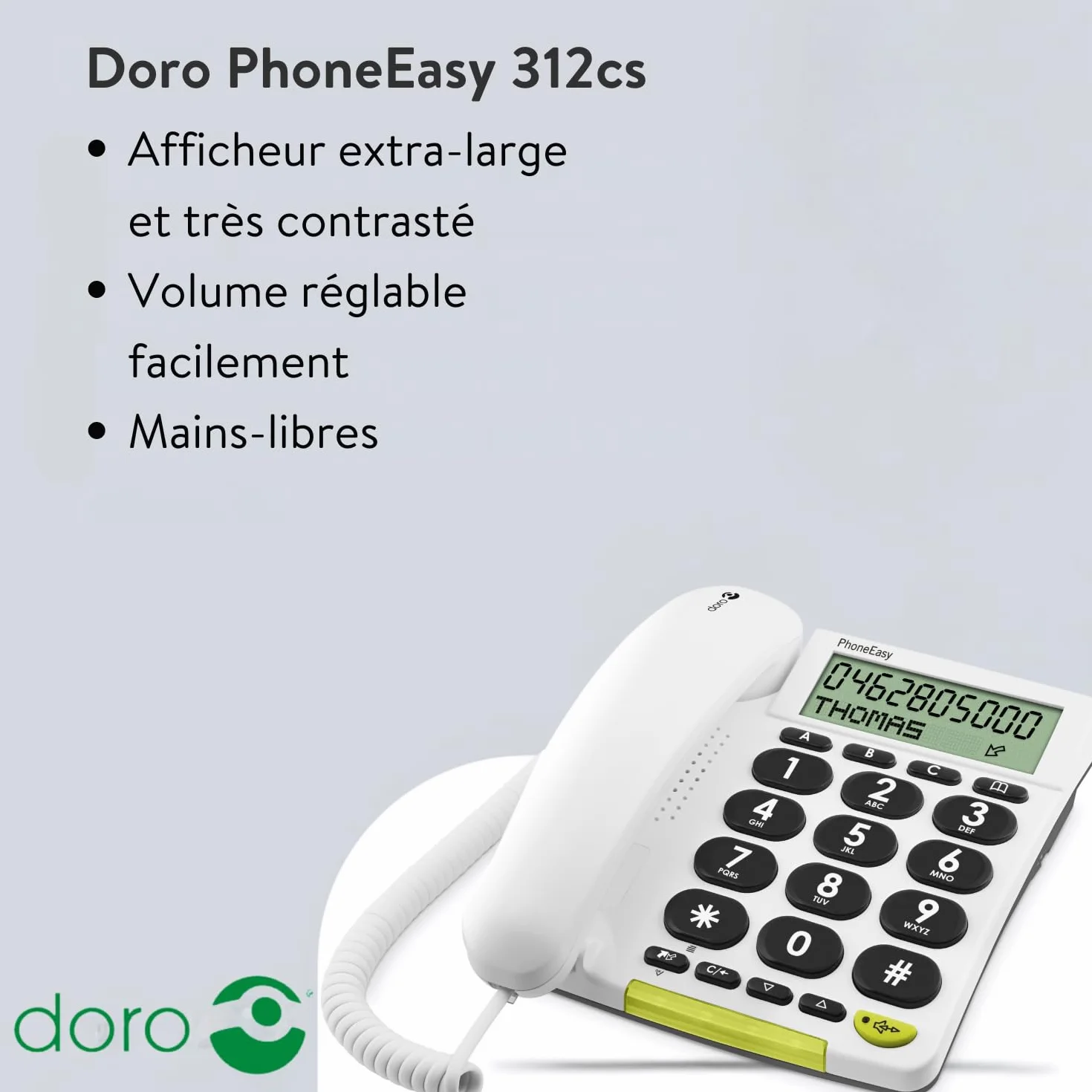 Doro PhoneEasy 312cs téléphone Filaire simplifié Larges Touches contrastées, Fonction Mains-Libres et mémoires directes (Blanc)