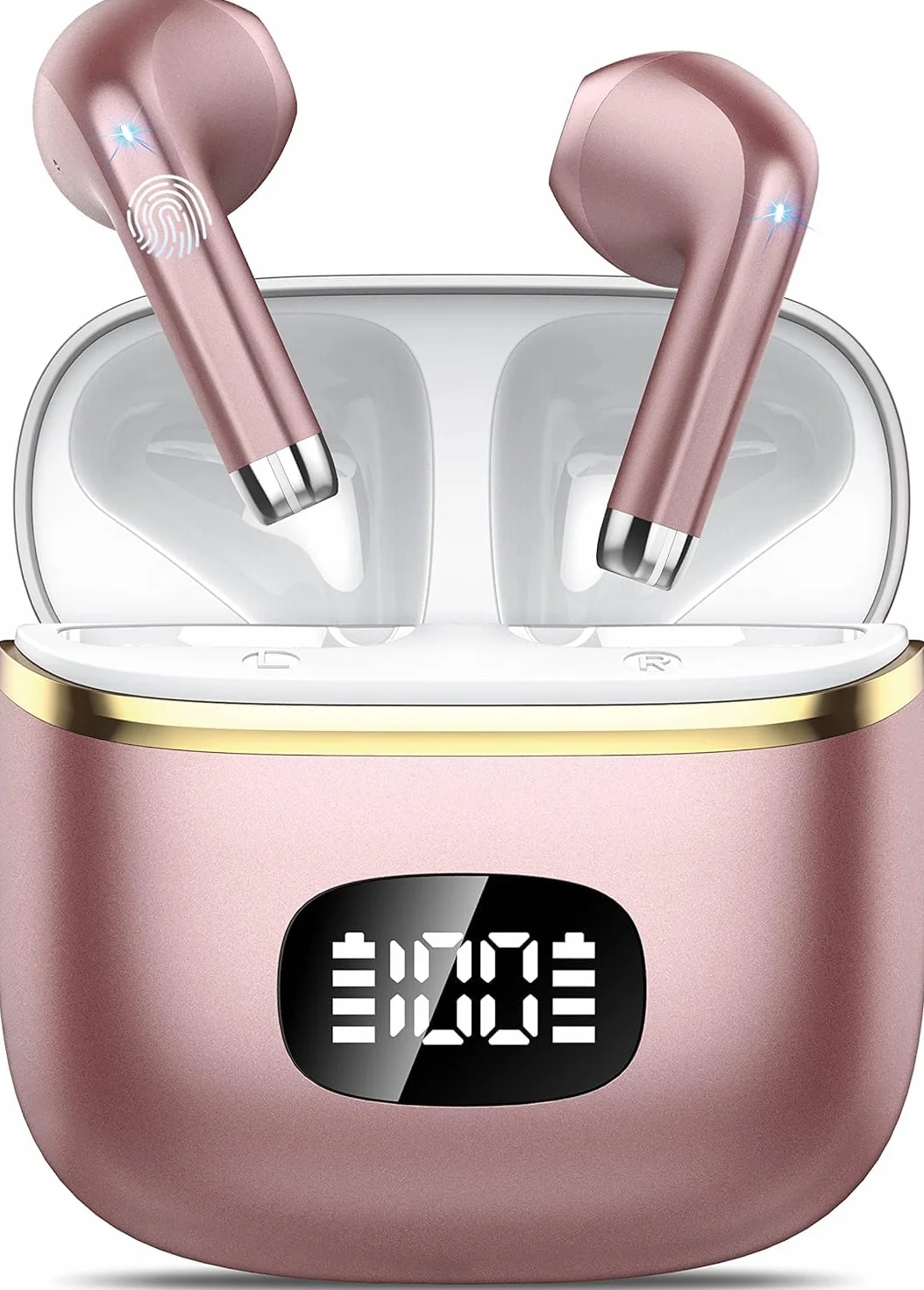 Ecouteurs Bluetooth sans Fil,2023 5.3 ENC Réduction Casque,40 Heures Durée de Lecture Écran LED,Hi-FI Son Stéréo,IP7 Étanche,Contrôle Tactile Oreillette Bluetooth W23 Or Rose