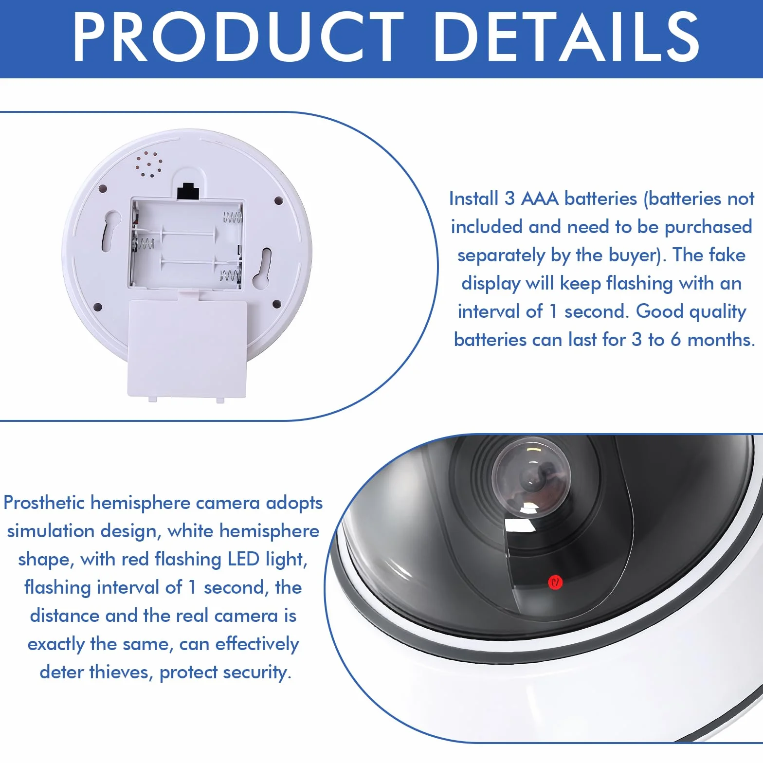 Caméra factice dôme avec lumière LED clignotante : Lot de 3 caméras factices pour l'intérieur et l'extérieur, caméra de surveillance factice avec matériel de montage – Solution de sécurité