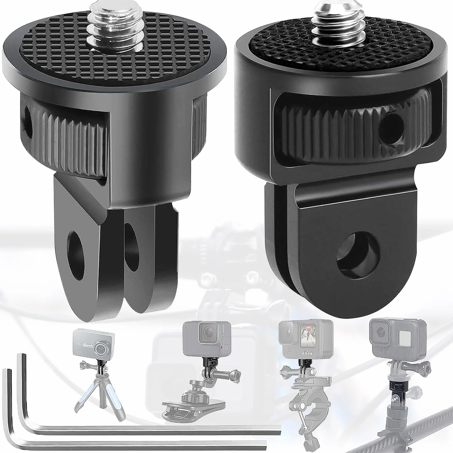 2 Pièces Adaptateur de Trépied en Aluminium, 1/4" Fixation de Trépied Compatible, Ajustement à 360 ° Adaptateur de Caméra, avec 2 Clés, pour Gopro Hero10, Sjcam Caméra(Noir)