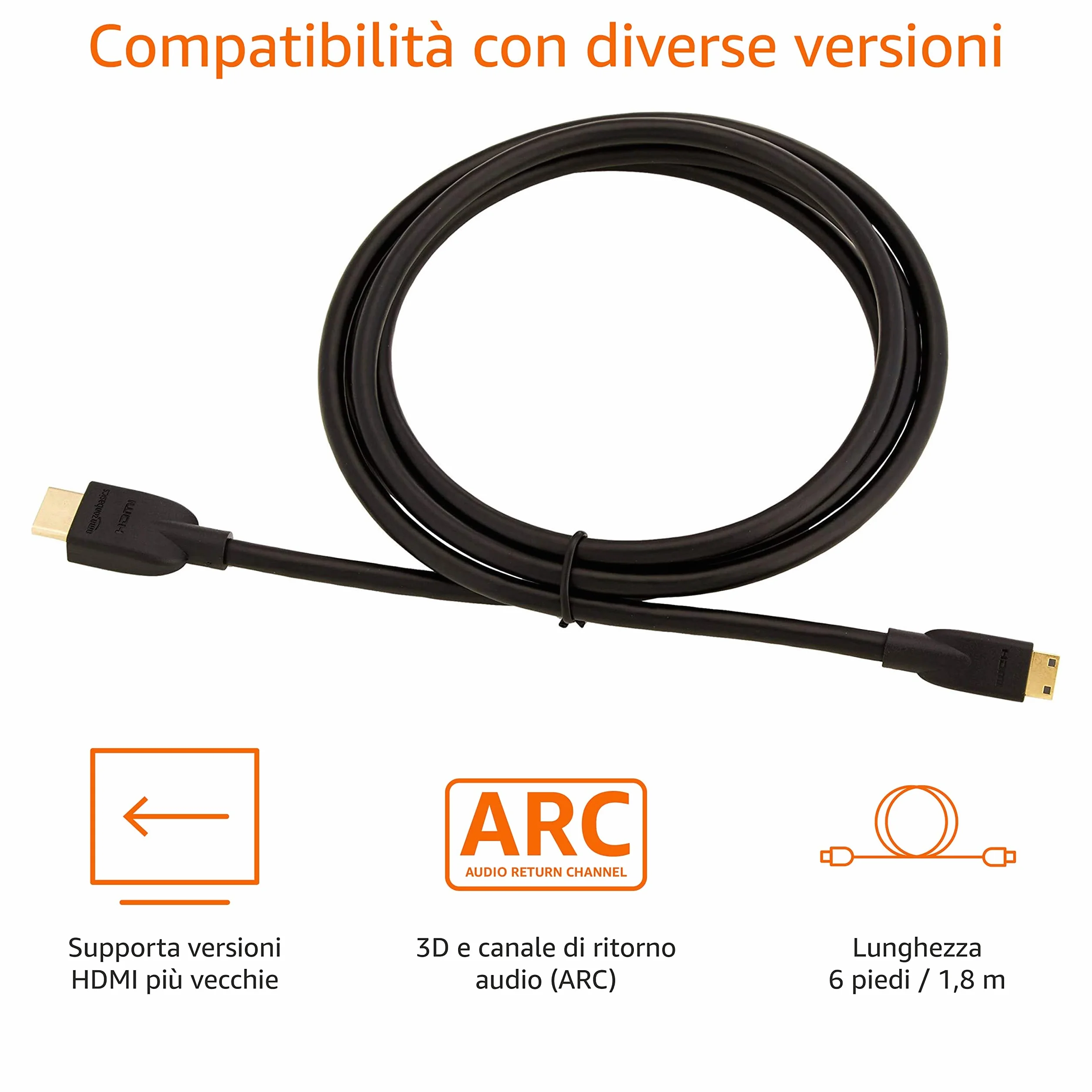 Amazon Basics Câble mini HDMI (source) vers HDMI (écran) haute vitesse, 1.8 m, noir