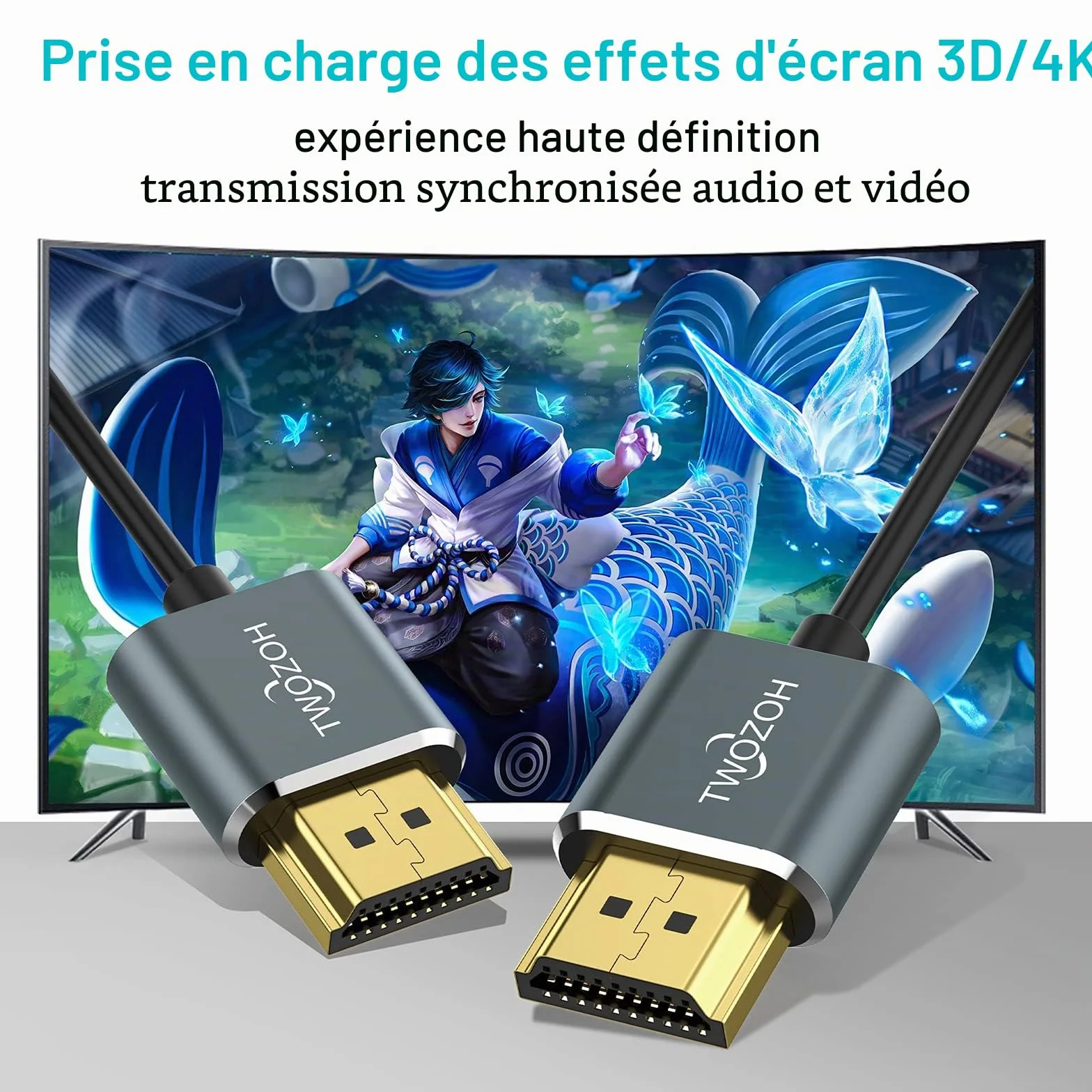 Twozoh Câble HDMI fin 0,3M Lot de 2, Ultra fin haute vitesse 4K@60Hz 18Gbps