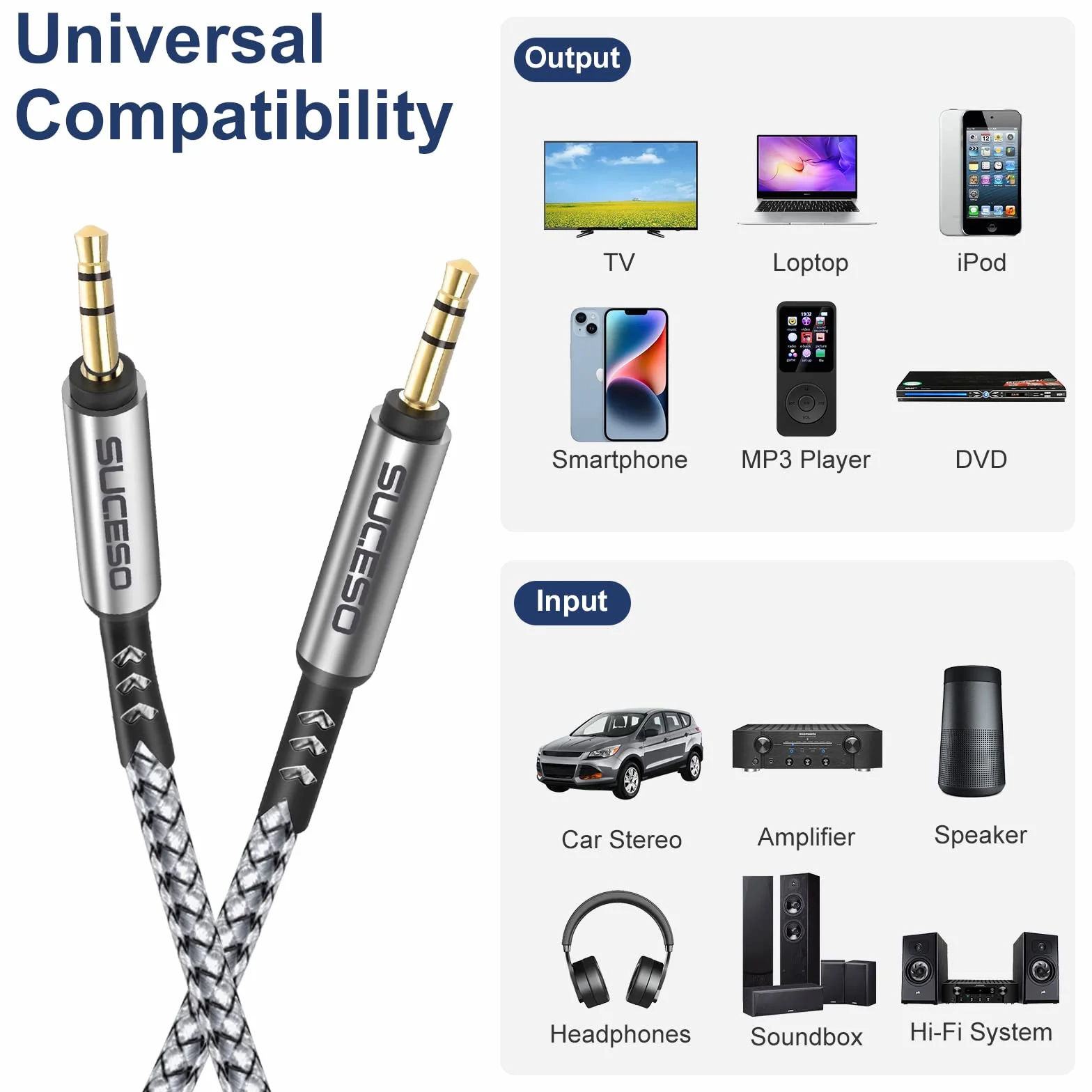 Câble Jack Audio 3.5mm [2 Pack 1m+2m] Câble Auxiliaire 3,5mm mâle vers mâle Cable Audio Stéréo en Nylon Compatible avec iPhone, iPod, iPad, Voiture, Casque, Autoradio, MP3, Smartphones et Plus