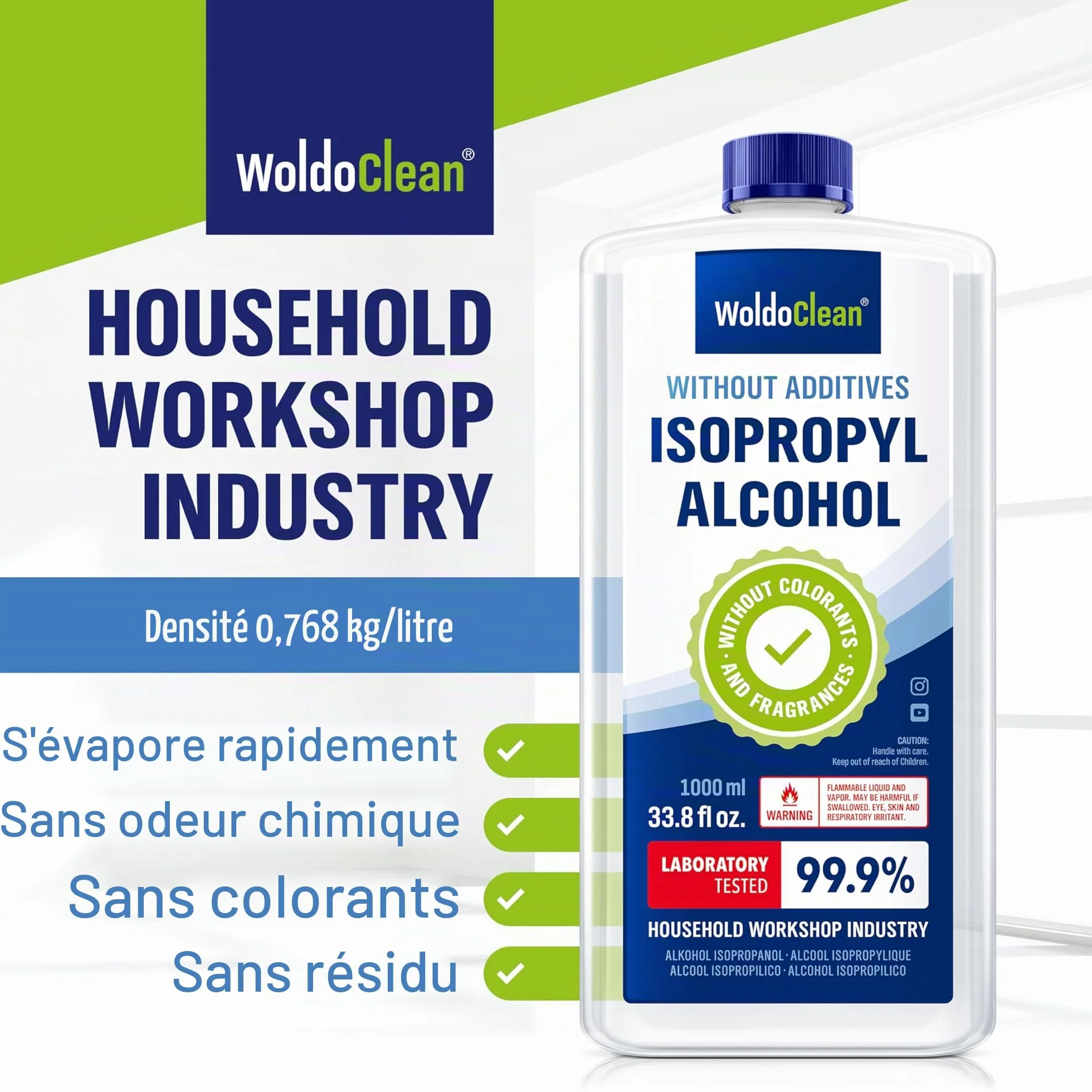 WoldoClean Isopropanol 99,9% Alcool Isopropylique 1L - IPA Haute Pureté, Incolore & Inodore, Sans Résidu pour Électronique, Imprimante 3D, Verre & Métal