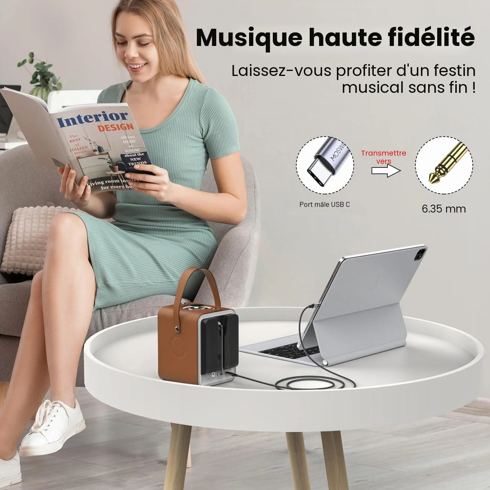 MOSWAG Câble USB C vers 6.35mm TRS Mâle Auxiliaire Audio Stéréo, 6.35mm Adaptateur Aux Audio Jack pour Google Pixel 4XL, Galaxy Note, Haut parleurs, écouteurs, Table de Mixage et Plus