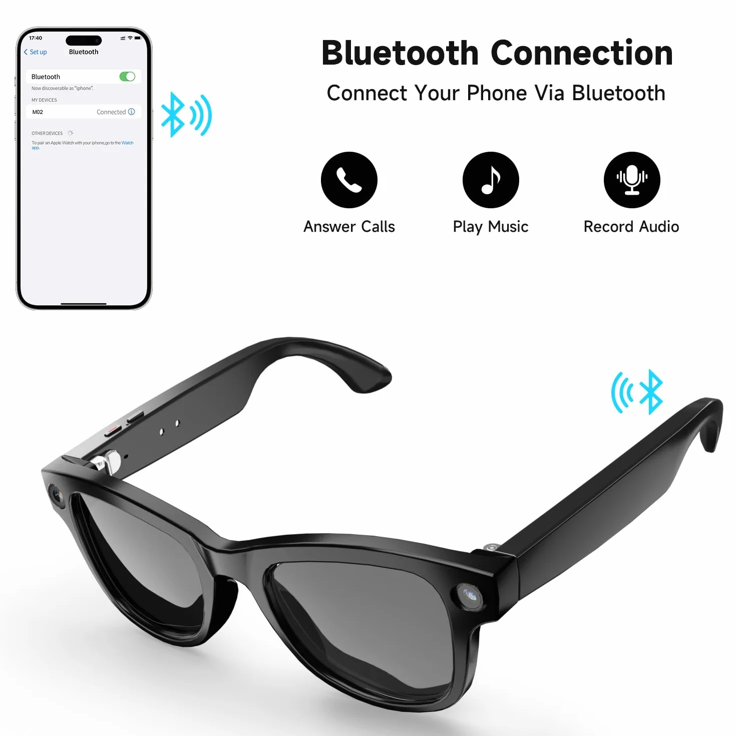 ELECGO AI Smart Glasses with 8MP HD 1080p Video Camera, Bluetooth Audio Sunglasses, Real Time Translation, Voice Control, 15° Adjustable Temple