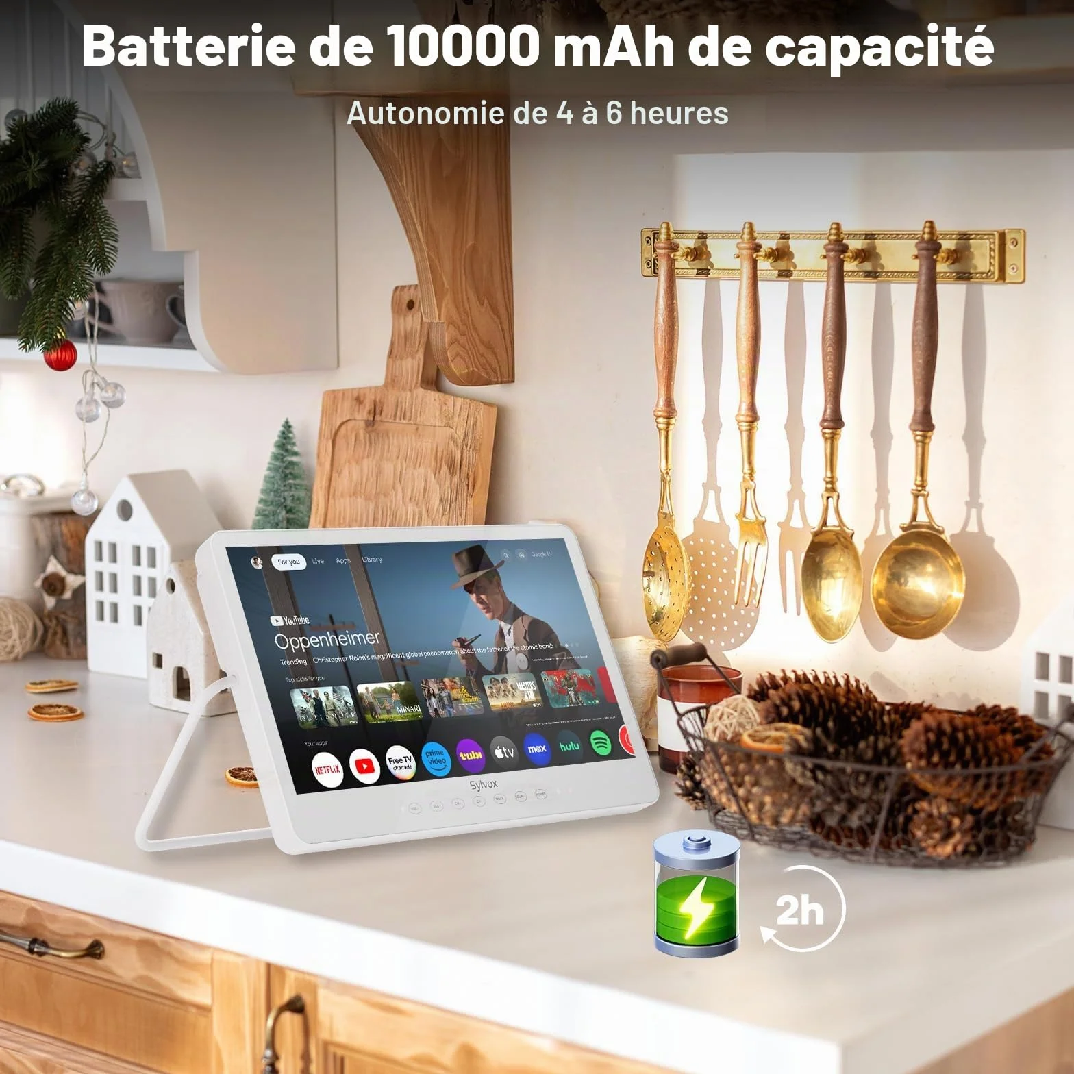 SYLVOX 15,6 Pouces Téléviseur Portable, Smart Google TV IP66 Étanche | Mini TV 1080P FHD Girevole 360°avec Poignée | DVB-C/T/T2/S2 | USB/HDMI -10000mAh (4-6 Heures) pour Camping, Chambre, Cuisine