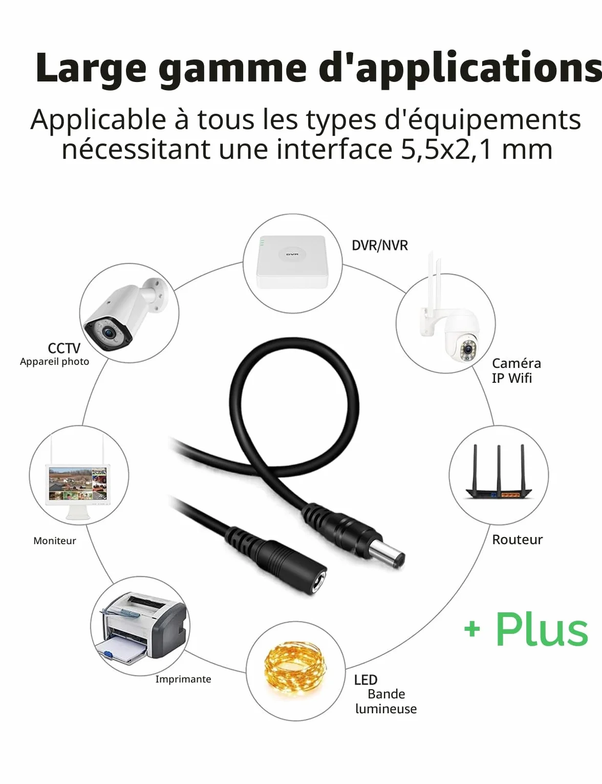 Tonton Cordon d'extension d'alimentation 12V DC 1M 2.1mm x 5.5mm Noir