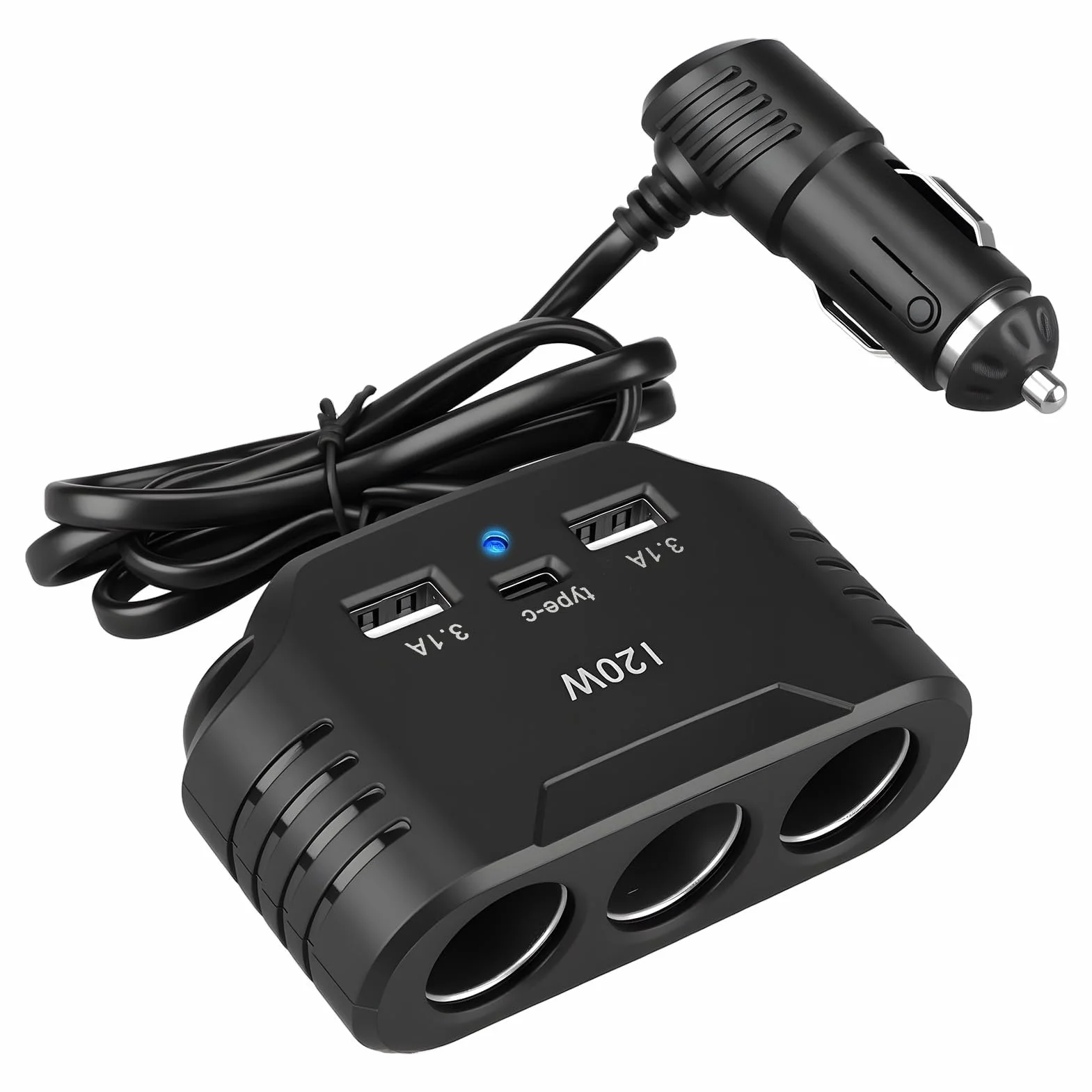 120W Prise Allume Cigare 12V 24V, Adaptateur avec 3 Prises Allume-Cigare 2 USB-A Port 1 Type C 5V 3.1A, Multi Chargeur Splitter avec LED pour Tablette GPS Phone Dash Cam Caméra Voiture
