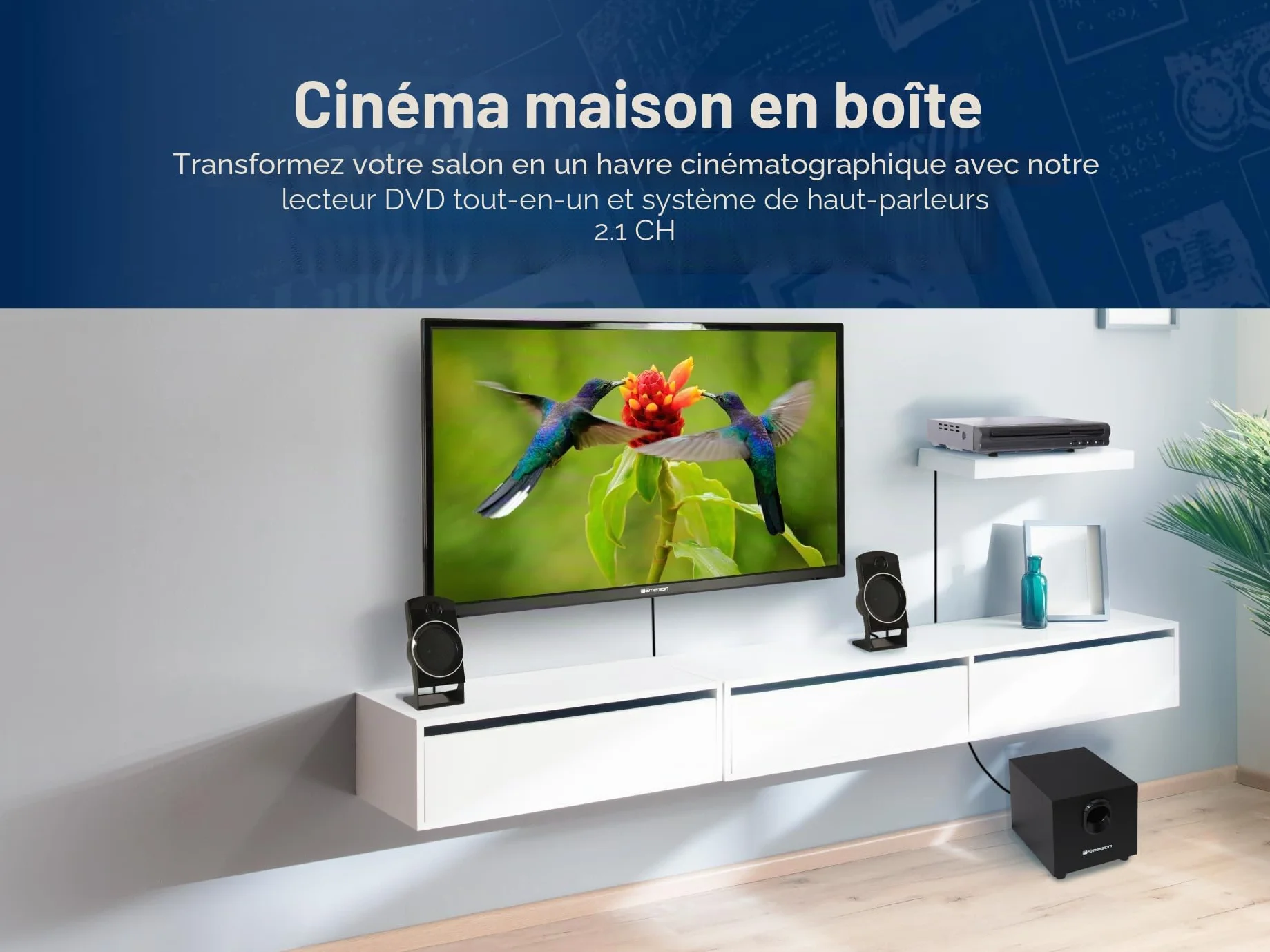 Emerson ED-8050 Système Home Cinéma 2.1 Canaux Lecteur DVD Son Surround Subwoofer Sortie HDMI Lecture USB Haut-Parleurs