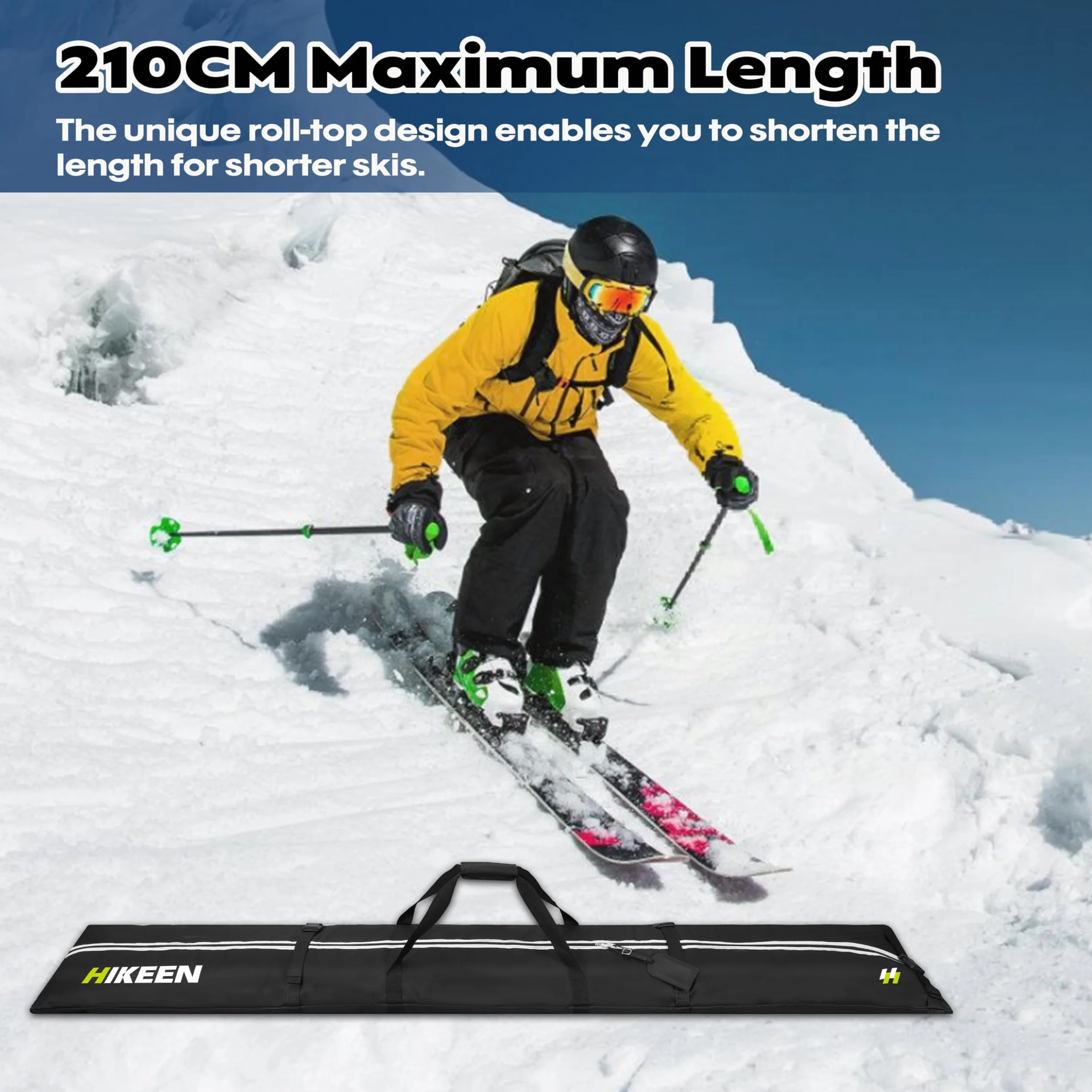 BOOSTEADY Sac de Ski pour 2 Paires de Skis, Housse pour 1 Snowboard avec Bandoulière Rembourrée, Longueur Réglable 210cm, Sac Imperméable
