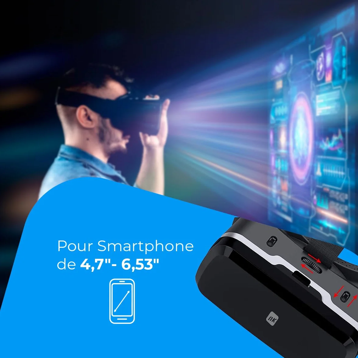 Casque Réalité Virtuelle NK Compatible iPhone Android 4.7"-6.53" Vision 90-100° Rotation 360° Réglage Objectif Pupille Noir