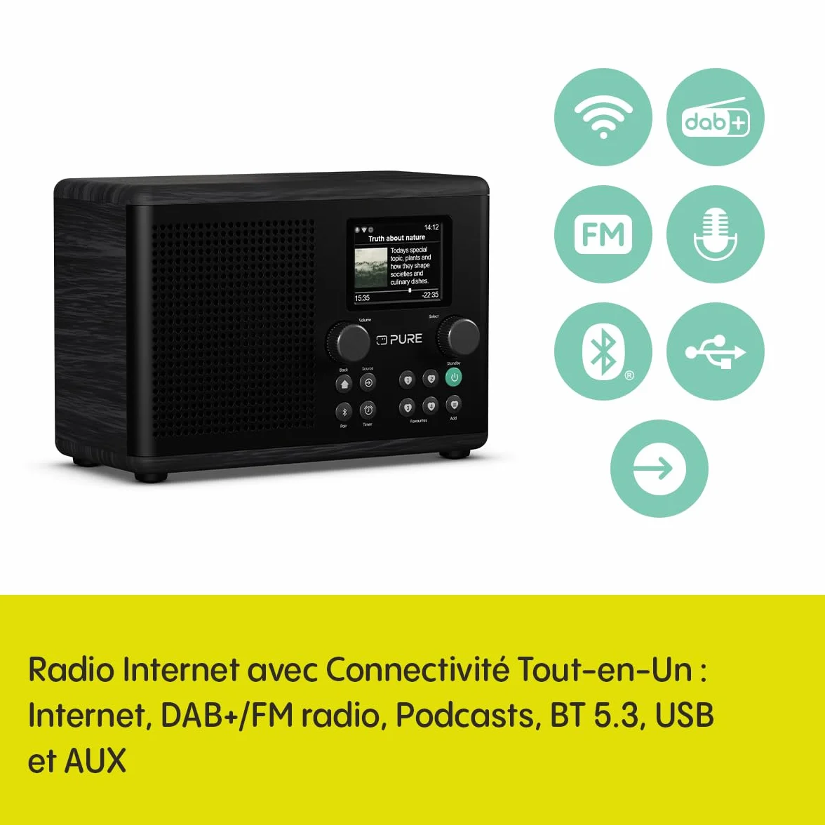 Pure Classic H4i – Radio Internet avec WiFi, Dab+, FM, Bluetooth 5.3 et USB – Haut-Parleur 10 W – Écran Couleur 2,4" – 150 Stations – Minuterie Sommeil et Cuisine – Entrée AUX – Noir