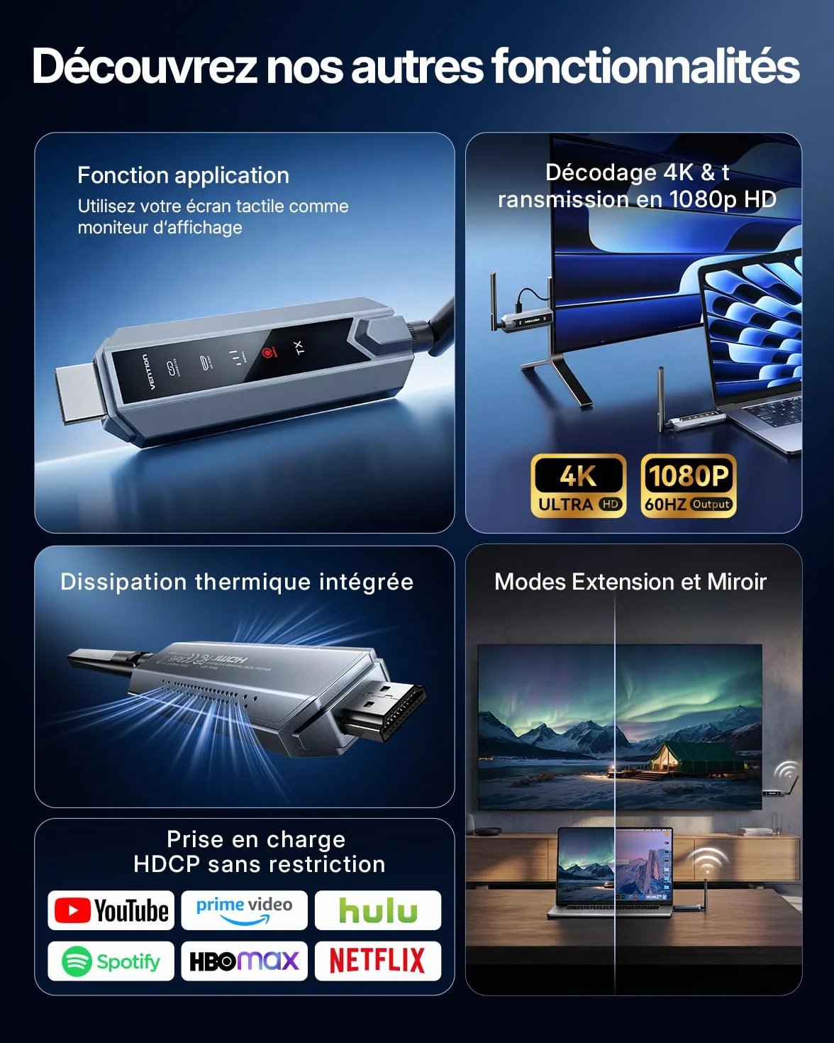VENTION Émetteur et récepteur HDMI sans Fil 656FT/200M 2,4G+5G Plug&Play 4K pour PS5 Xbox Moniteur TV (1TX+2RX)