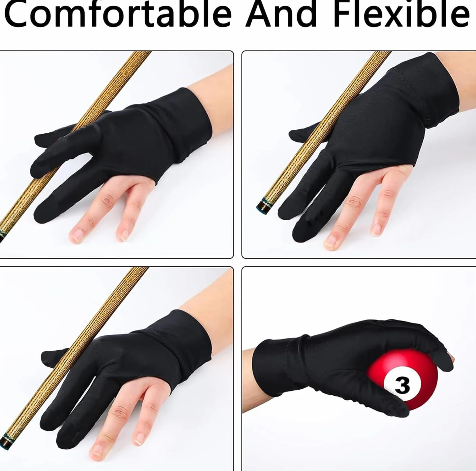 Gants de Billard élastiques en Lycra pour Main Gauche 3 Doigts Lot de 4 - Carom, Piscine, Snooker (Noir)