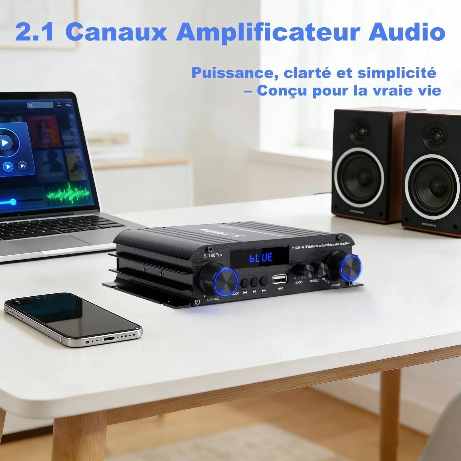 2.1 Chaîne Amplificateur Audio 50W×2 + Caisson de Basse 60W, 1000W Puissance de Crête, Bluetooth 5.3, Aux/USB/MP3, Réglage Grave/Aigu – Pour Home Cinéma, TV, Voiture