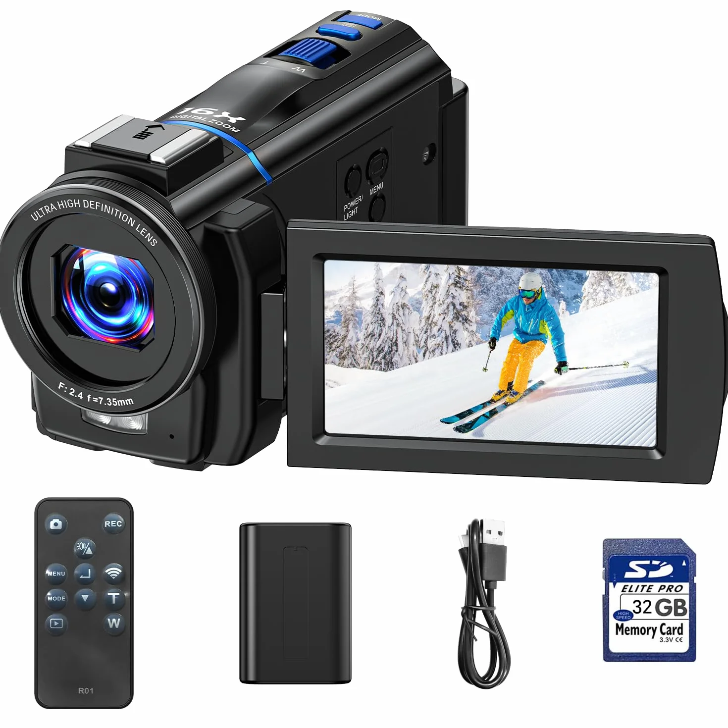 Caméra Vidéo 5K Vlogging 48MP 16X Zoom Numérique Vision Nocturne IR 3" Écran Tactile 270° avec Batterie 32 Go