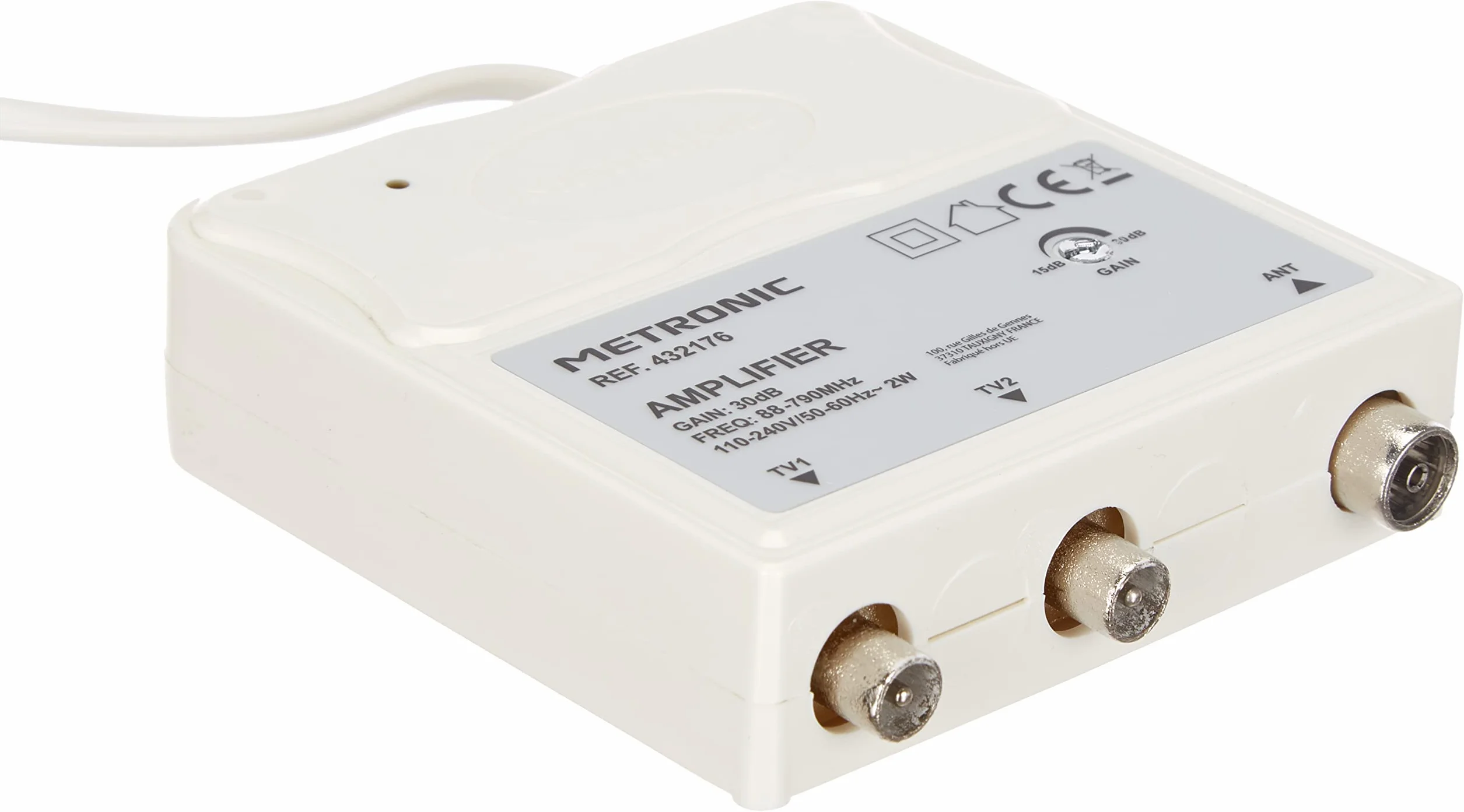 Metronic 432176 - Amplificateur intérieur avec réglage du gain FM-UHF, gain réglable jusqu'à 30 dB, protection 4G, prises TV, diamètre 9,52 mm, couleur : blanc