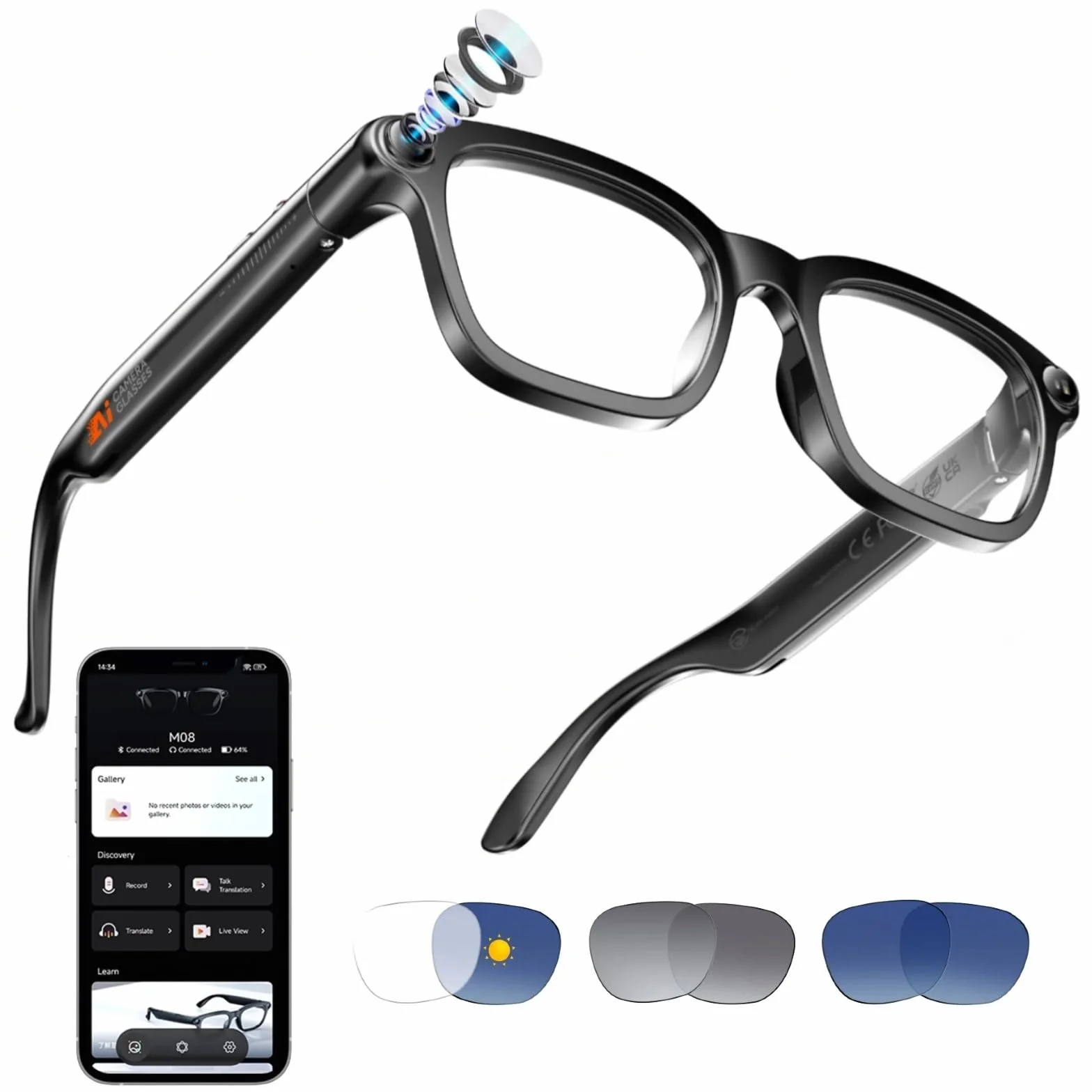 GenXenon Lunettes Caméra, Caméra 8 MP für Enregistrement Vidéo, Foto und Reconnaissance d’Objets IA, Batterie 300 mAh, Lunettes Connectées pour Voyages, Vlog et Outdoor Aventure（Trois lentilles）