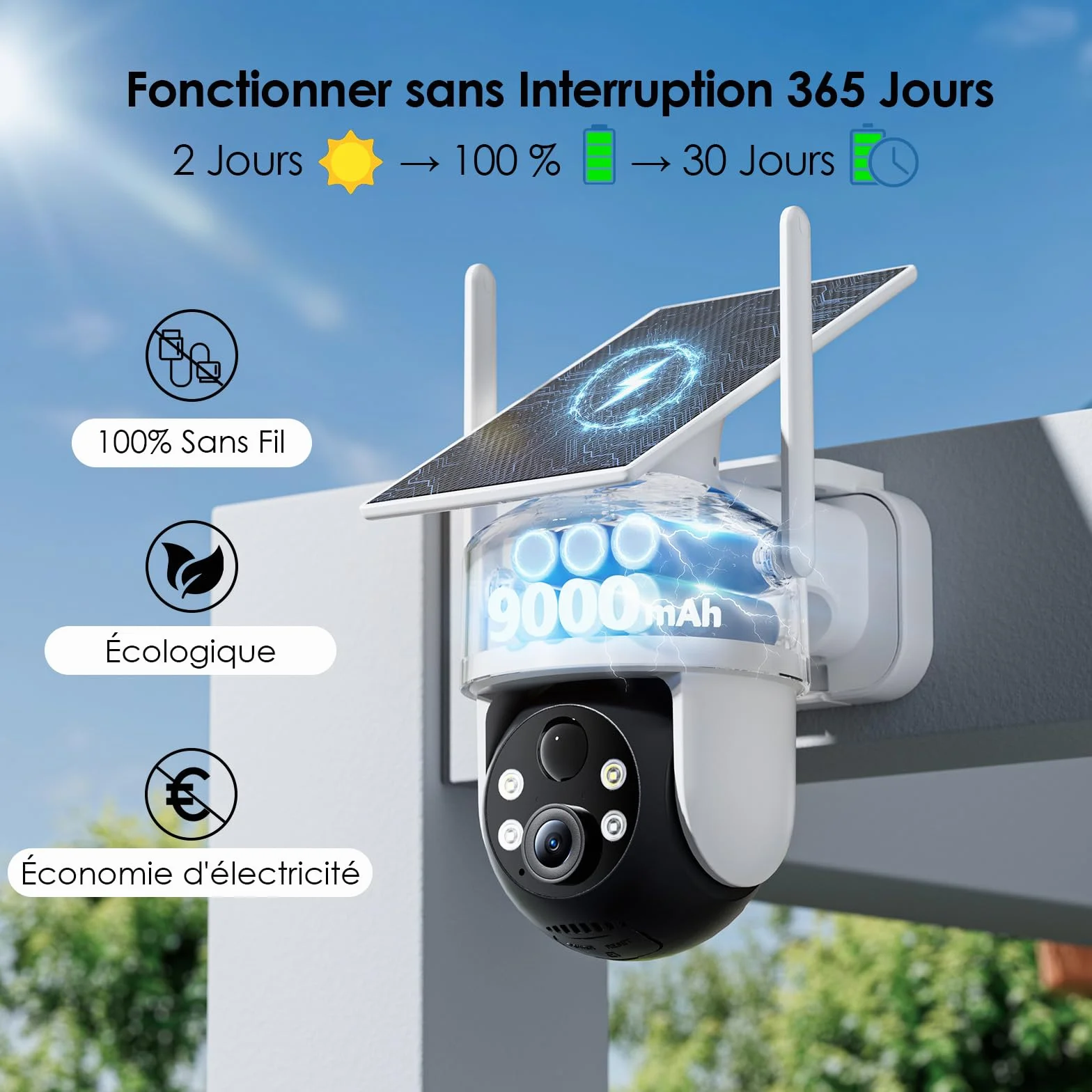 CZEview 2K/4K Camera Surveillance WiFi Extérieure Solaire sans Fil, System d'Alarme, 360° Caméra Exterieure Batterie, Détection Mouvement, Vision Nocturne en Couleur (Blanche, 2k)