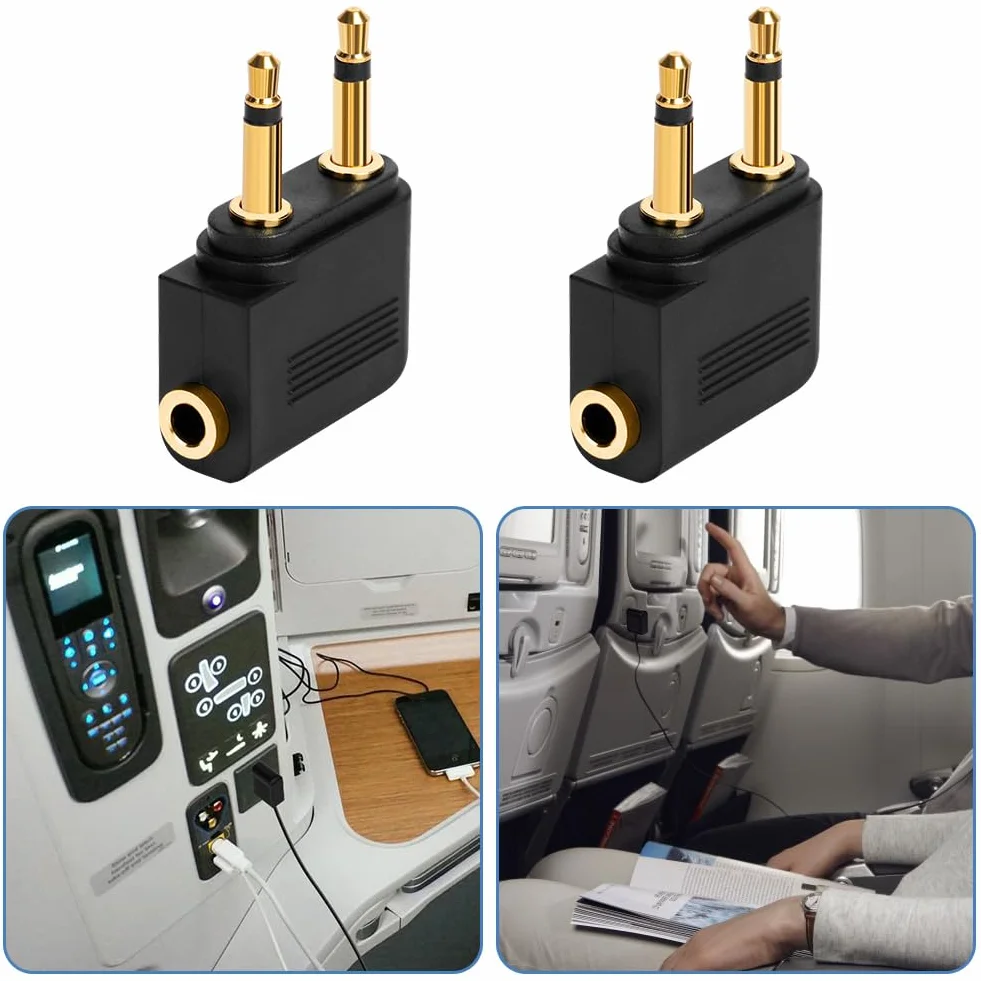 Adaptateurs pour Casque d’Avion Plaqué Or, Lot de 2, 3,5 mm Femelle AUX Audio Jack, Double Jack Adaptateurs Airline