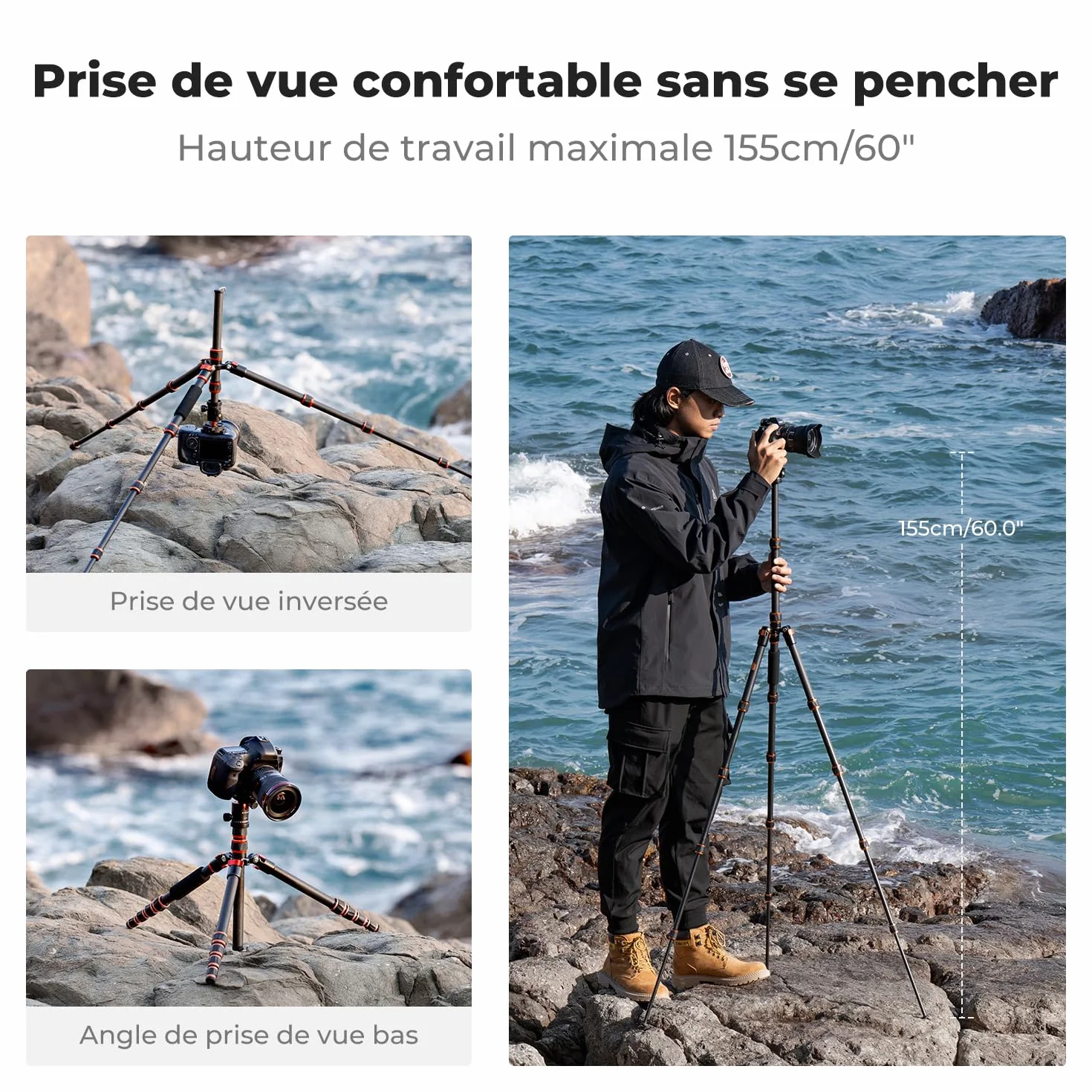K&F Concept Trepied Carbone Monopode Appareil Photo 153cm, Trépied Professionel Compact A225C0 pour DSLR, Trepied Voyage Leger 5 Sections avec Rotule Metal Sac Transport Inclus Max:8kg