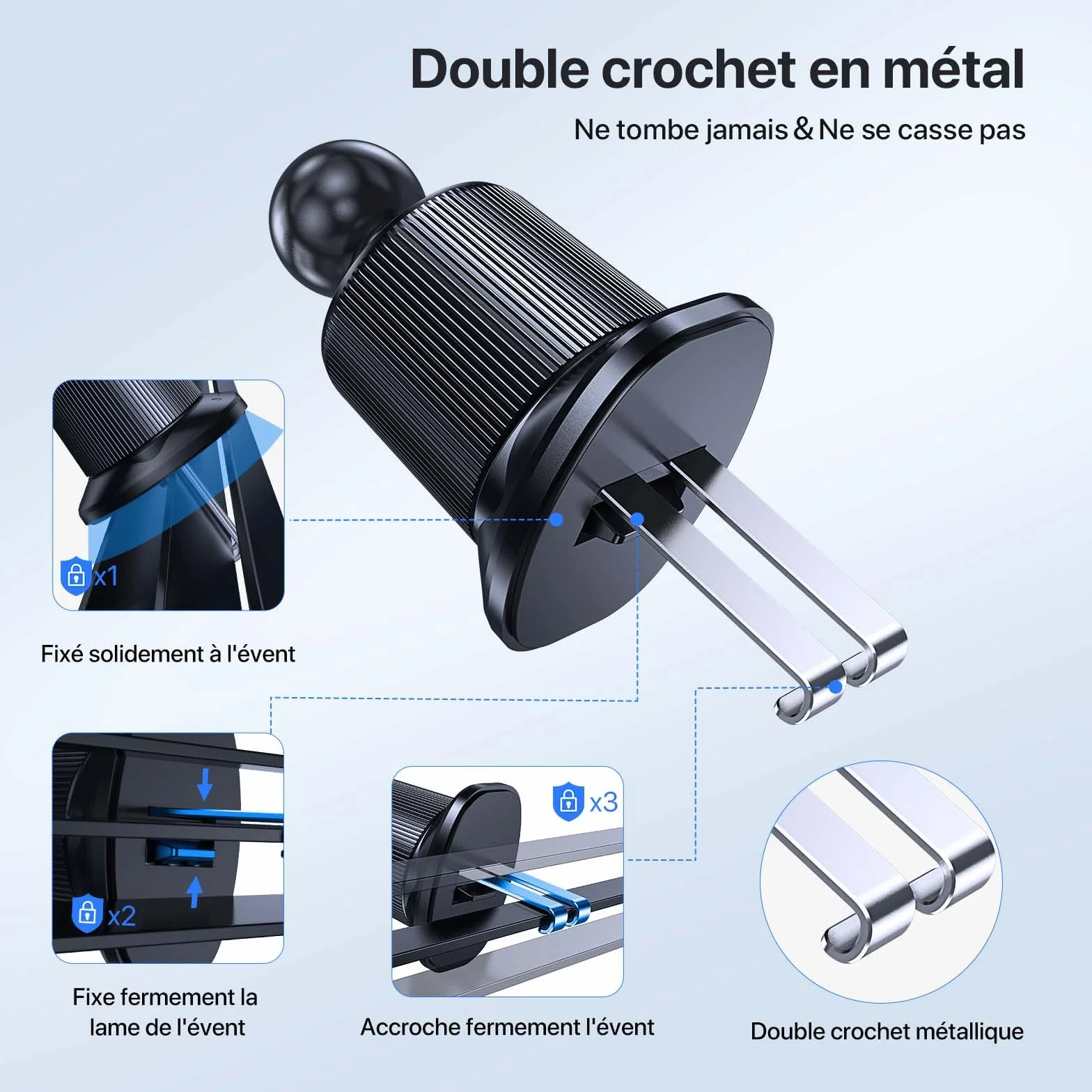 Miracase Support Telephone Voiture Bouche D'aération[Crochet Double Métallique Amélioré]360° Rotation Porte Téléphone Voiture Mains libres à une main pour tous les Smartphones