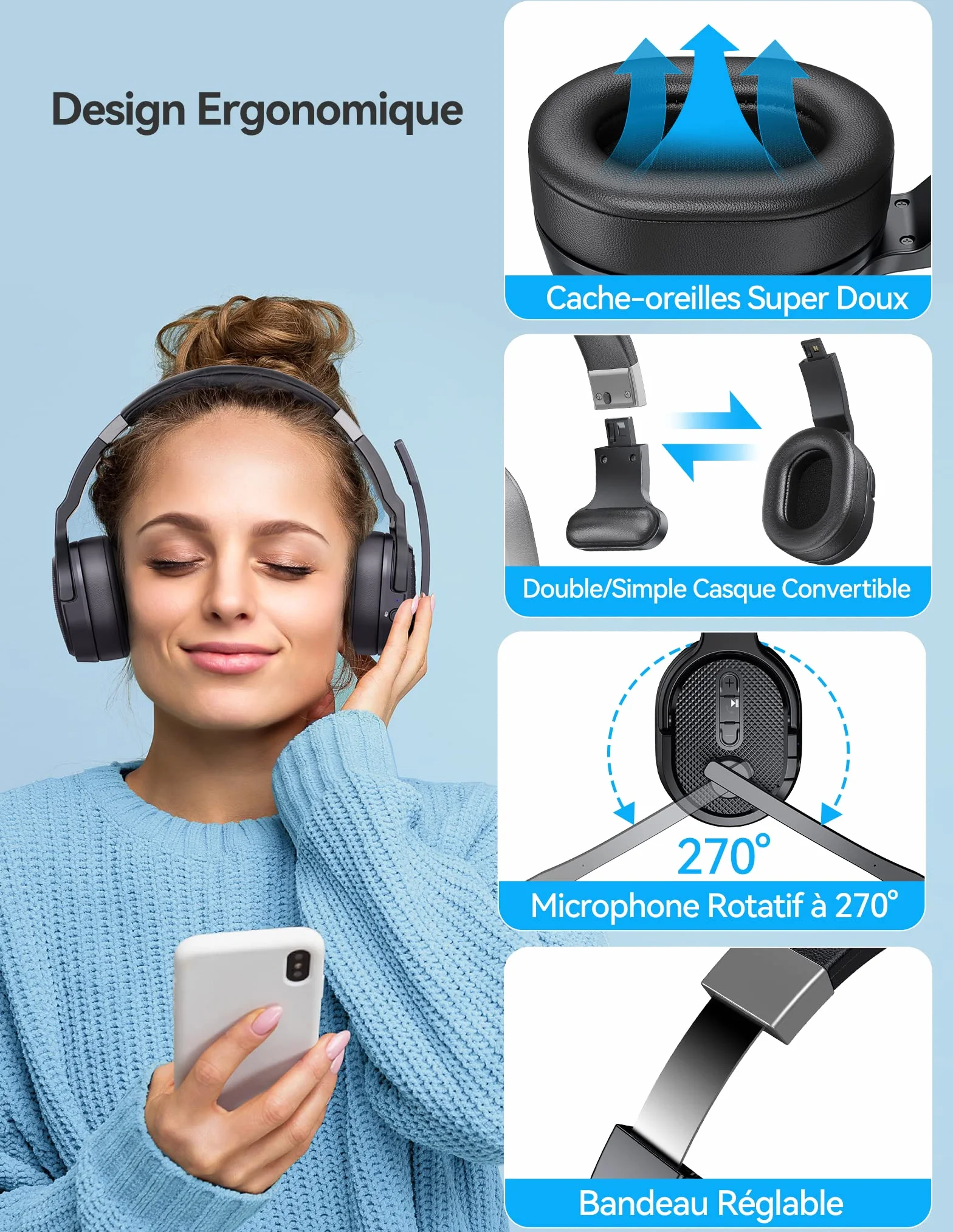 TECKNET Casque Bluetooth sans Fil avec Micro, Casque sans Fil Simple et Double Oreille avec 3 Modes de Musique EQ, Casque Anti Bruit Bluetooth ENC, pour Centres d'appels, Bureaux, Camionneurs