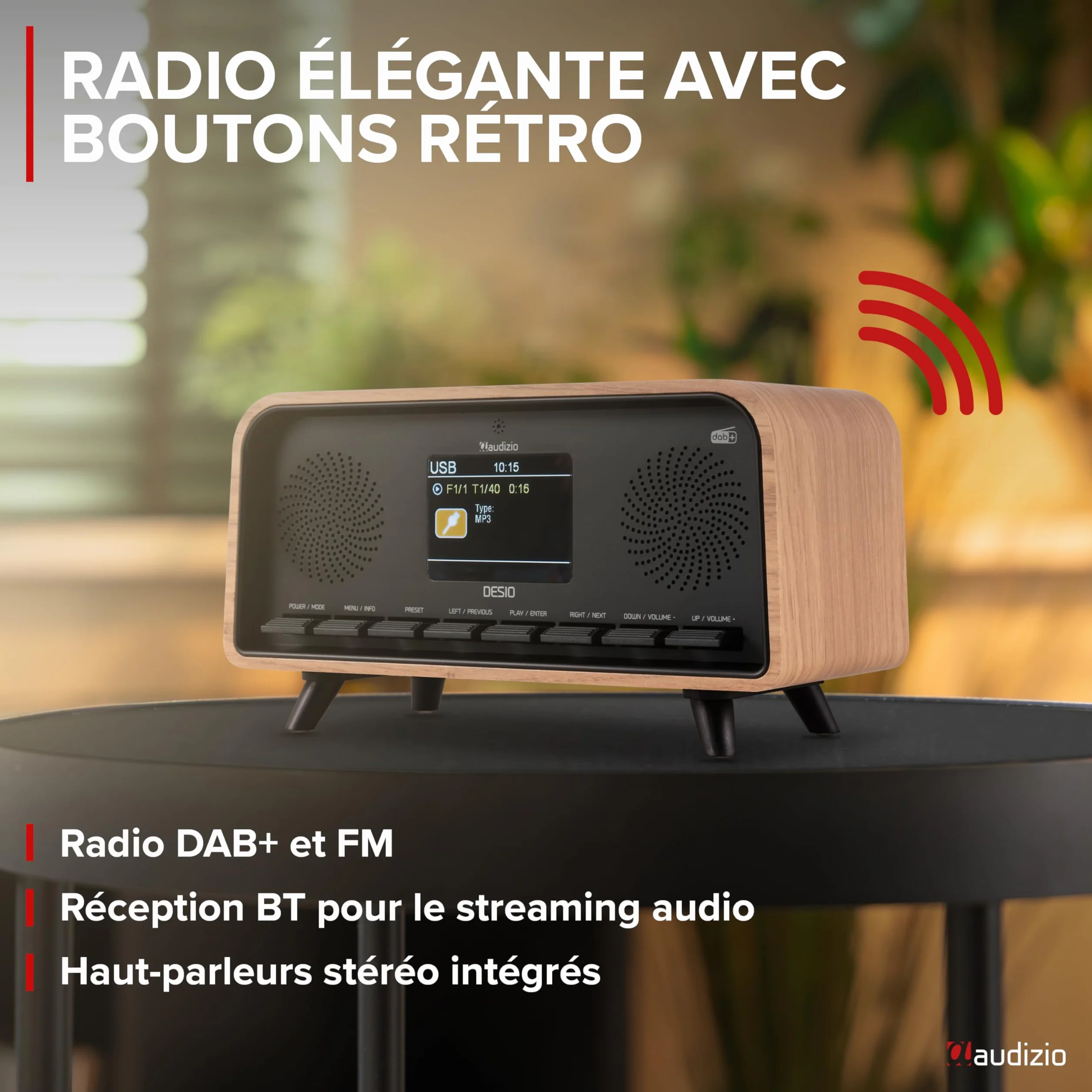 Audizio Desio Radio Dab/Dab+/FM avec BT 5.0, Écran Couleur 2,4", Port USB et Entrée AUX 3,5 mm, Design Rétro Couleur Chêne, Alarme et Minuterie, Idéale pour Salon, Cuisine ou Chambre