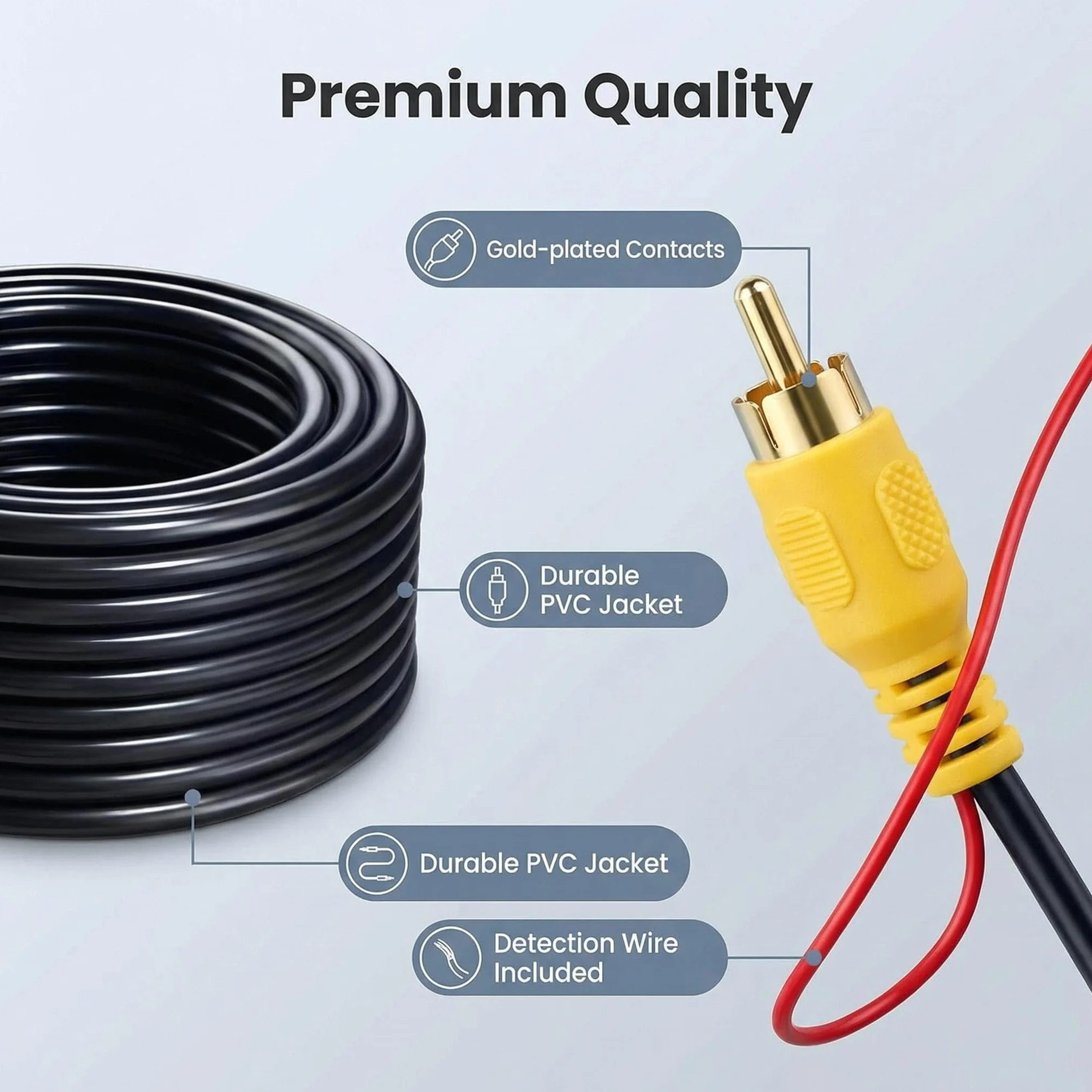 Générique Câble Vidéo RCA 10M pour Caméra de Recul, Extension AV Mâle-Mâle avec Fil de Détection, Cordon RCA Jaune pour Voiture Camion Camping-Car Moniteur TV Box