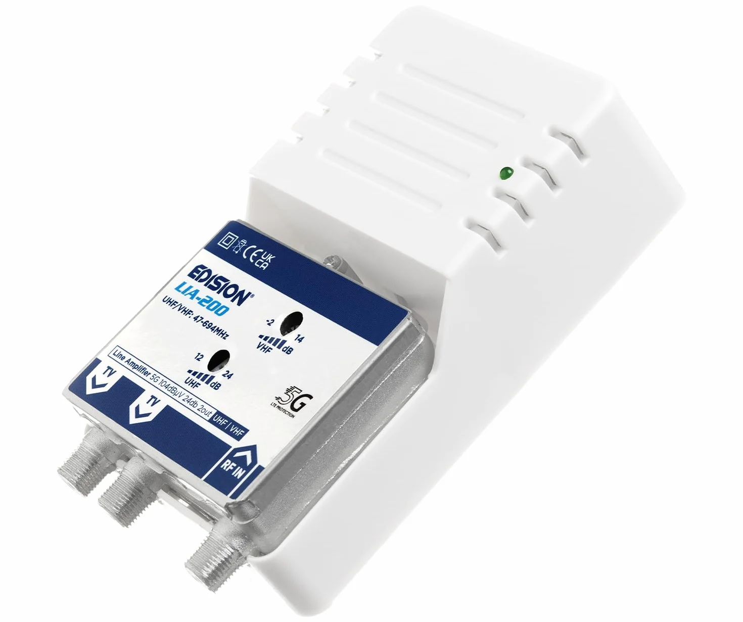 EDISION LIA-200 Amplificateur Antenne TV TNT intérieur UHF/VHF 12-24dB Réglable 104dBmV DVB-T/T2 Filtre 5G LTE 1 entrée 2 Sorties