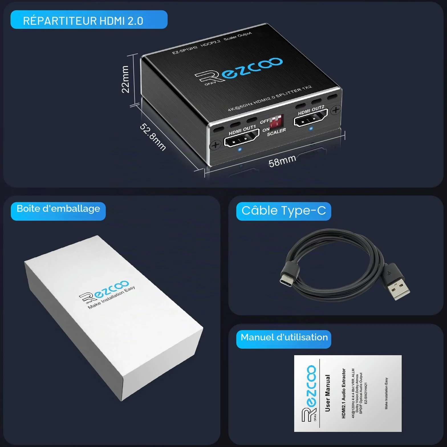 4K 60Hz Splitter HDMI 1 entrée 2 Sorties 1080P 120Hz HDCP HDR 18Gbps UHD Dolby Vision Atmos EDID Scaler 4K 1080P Répartiteur HDMI pour PS5, SkyQ, Xbox, Fire Stick, BluRay, Apple TV, Projecteur.