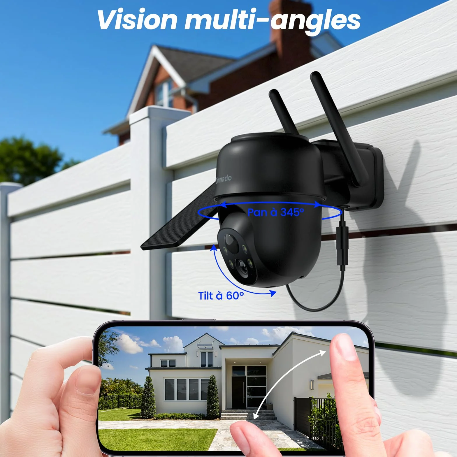 Cinnado Camera Surveillance WiFi Exterieure sans Fil - 2K Camera Exterieur sans Fil avec Panneau Solaire, 360° PTZ, Alerte Instantanée PIR, Vision Nocturne Couleur, Audio Bidirectionnel, B6 (Noire)