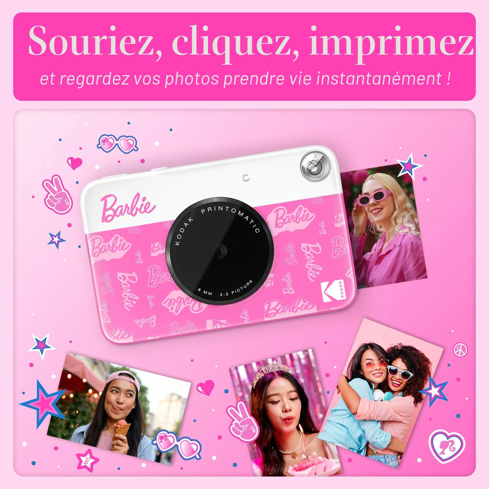 Kodak x Barbie Printomatic Appareil Photo numérique instantané Couleur Appareil Portable Barbie 5 MP, Zink 2x3 (5,1 x 7,5 cm) Papier Photo à Dos adhésif, Style Signature