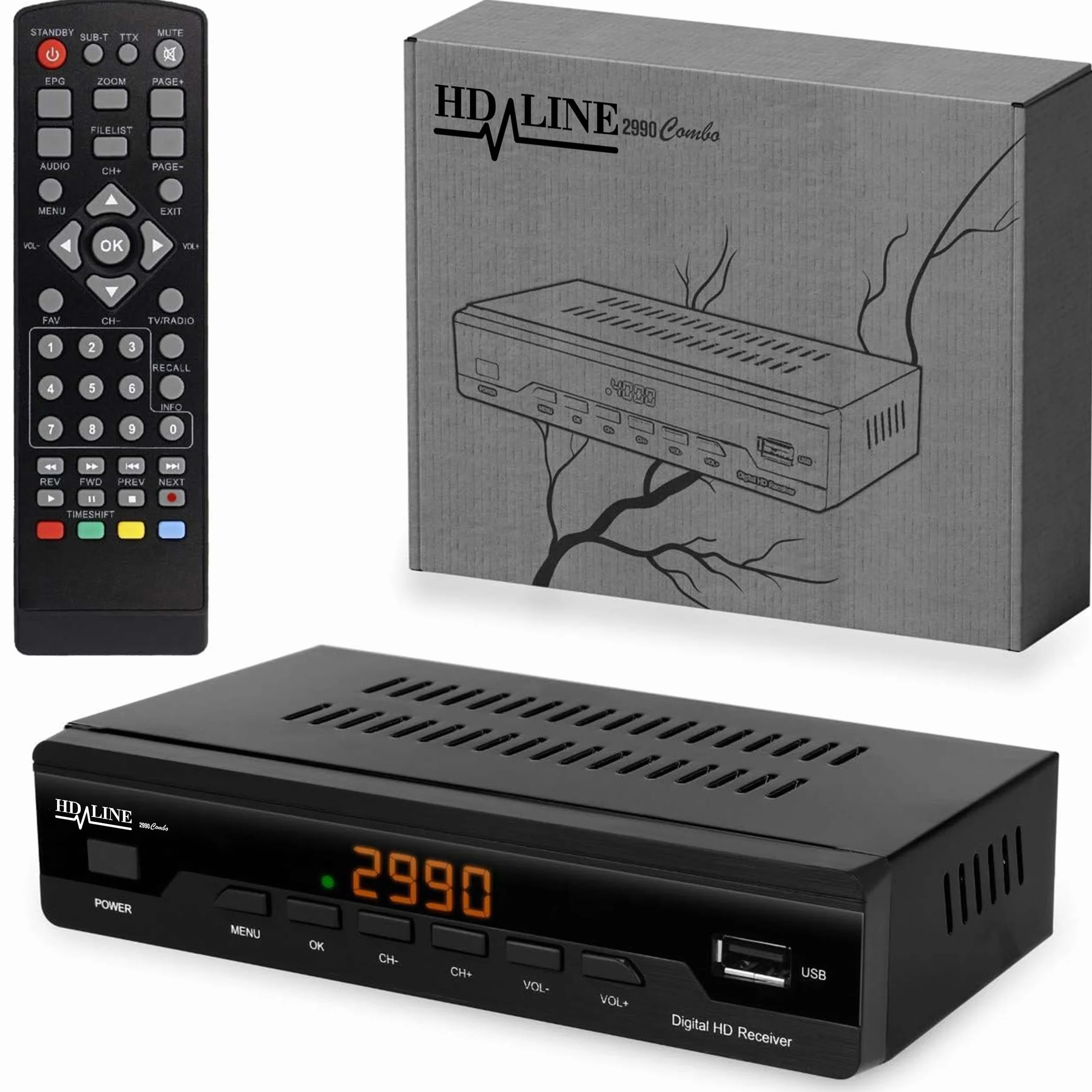 hd-line Récepteur de câble récepteur pour télévision numérique par câble 2990 Combo DVB-C (HDTV, DVB-C/C2, DVB-T/T2, HDMI, Péritel, USB 2.0, Wi-FI en Option) + câble HDMI Noir