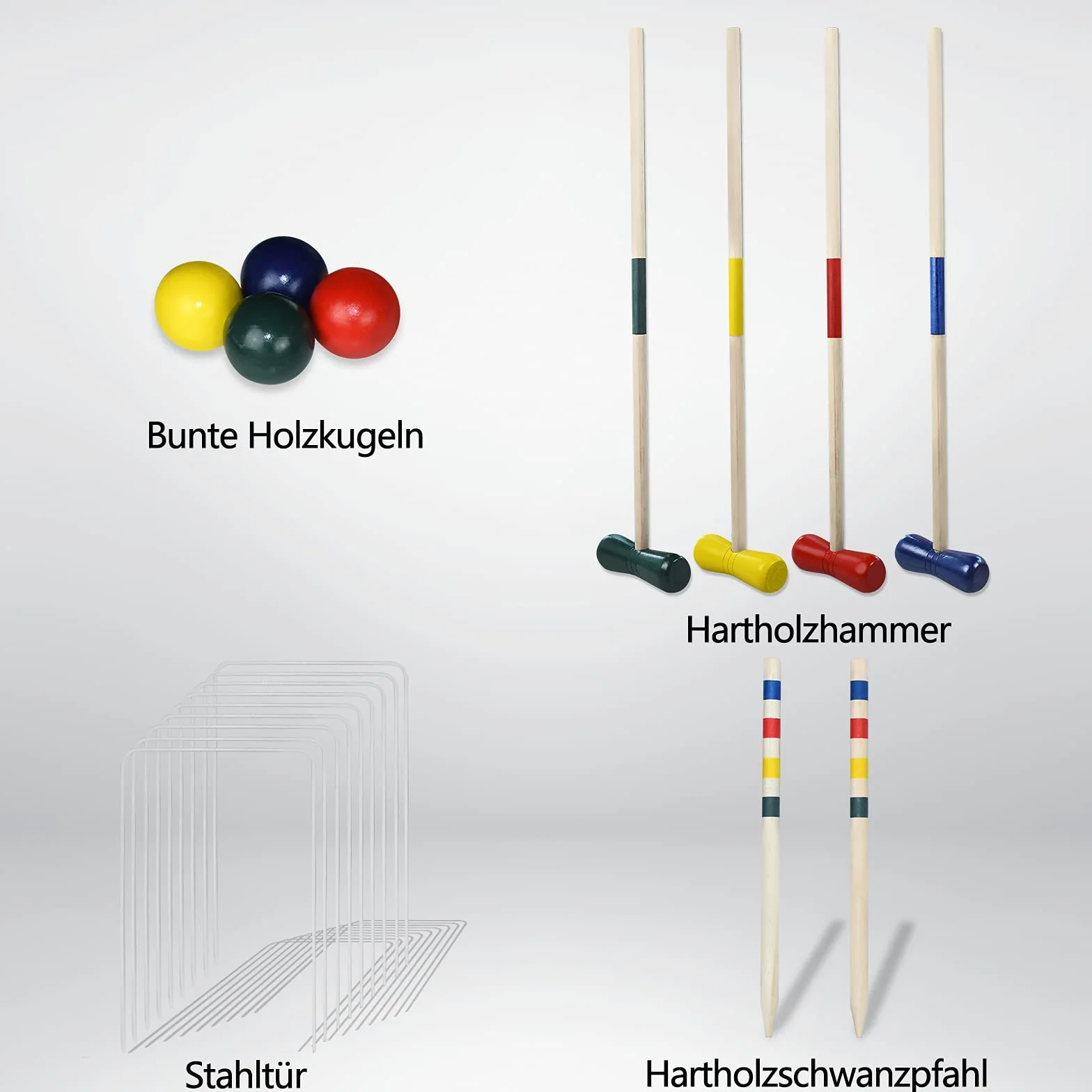 XMTECH Jeu de croquet en bois pour 4 joueurs - Kit complet avec piquets, enrouleurs et balles