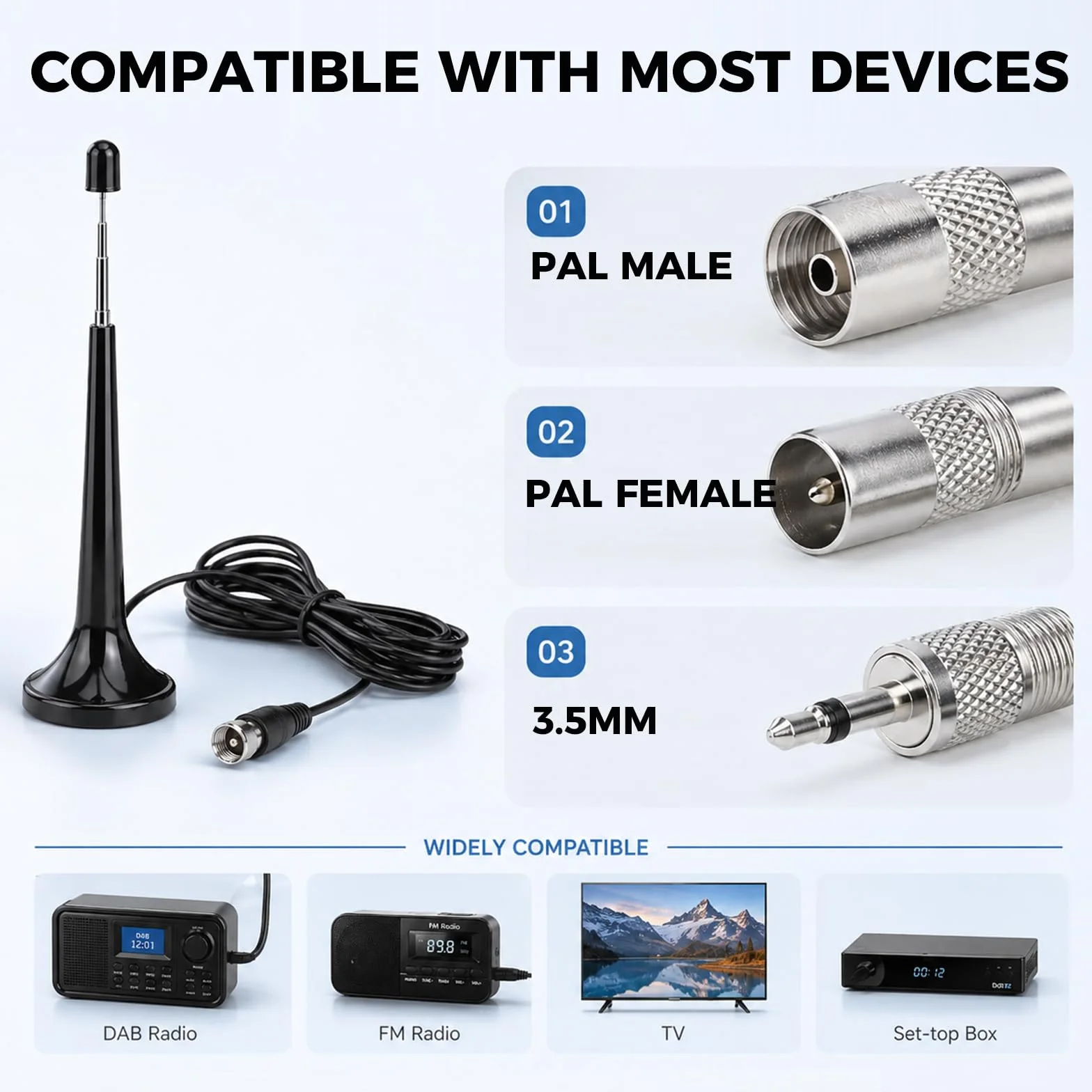 Antenne TV Intérieur Puissante, Antenne Radio FM Dab Intérieur Télescopique avec Base Magnétique, Câble 3m pour Récepteurs Stéréo 75 Ohm Chaine HiFi Tuner FM Poste Radio, Plug and Play