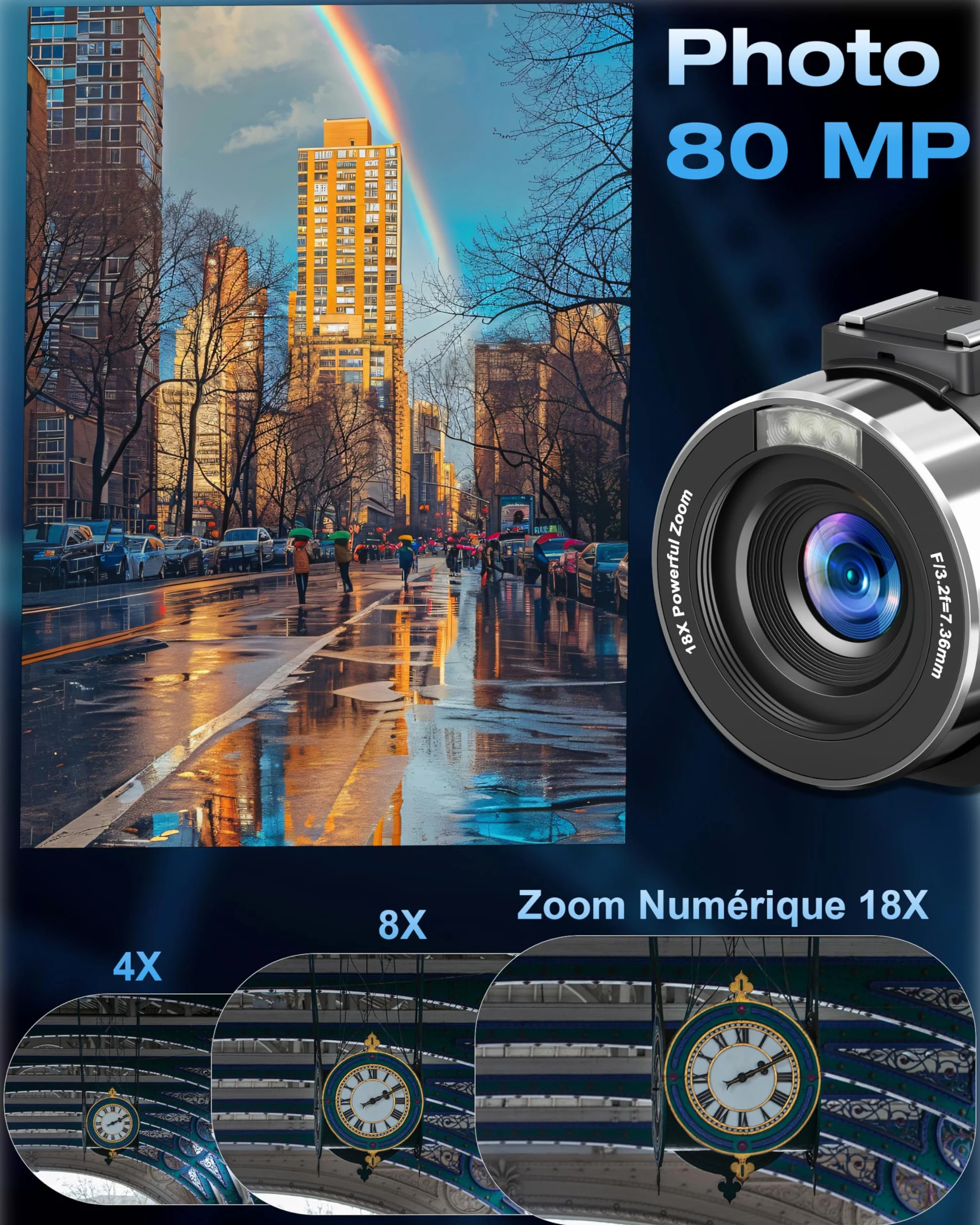 Caméscope 4K 80MP 30FPS Vision Nocturne Infrarouge Zoom 18X Écran IPS 3,0 Pouces avec 2 Piles et Carte SD 32Go