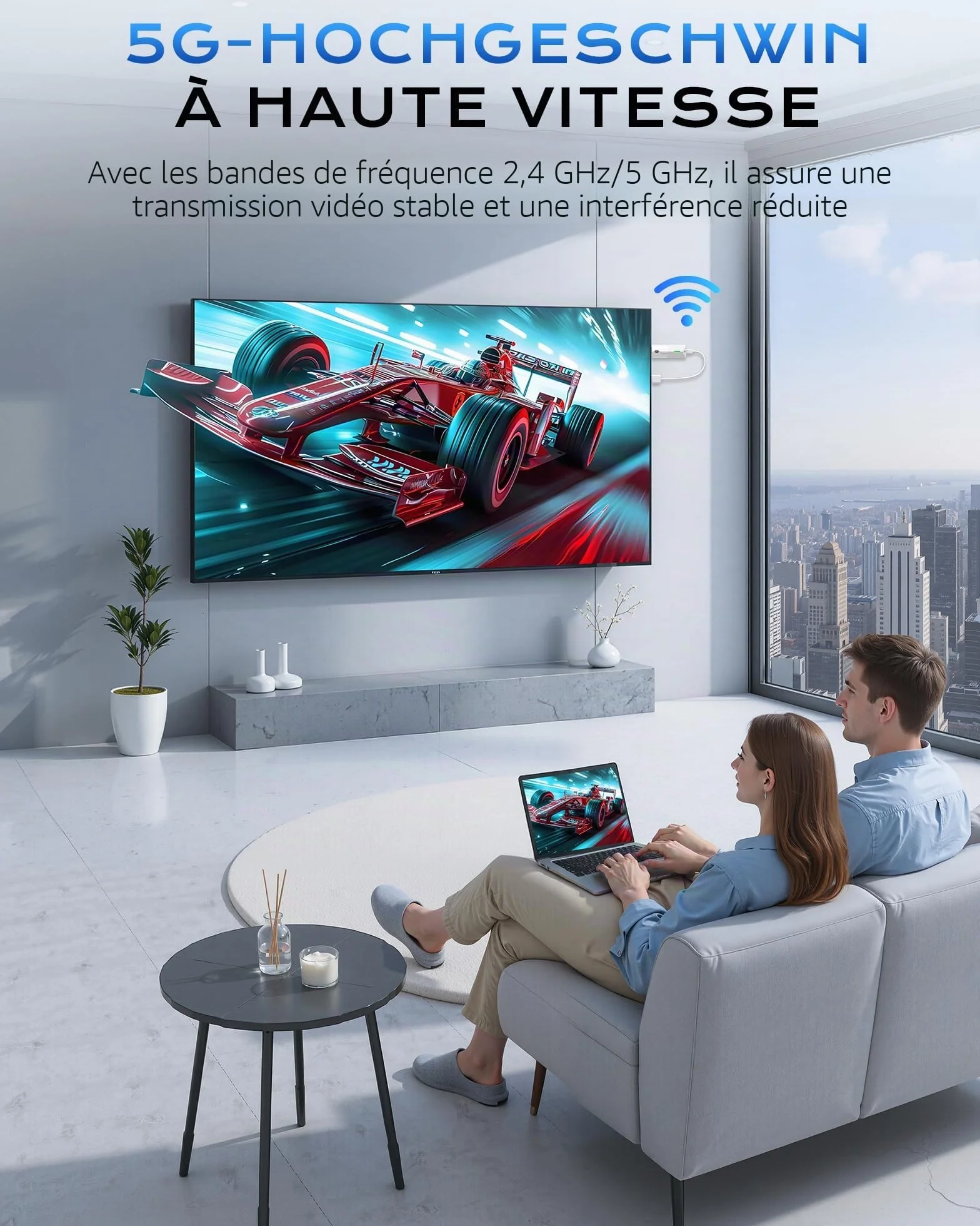 Adaptateur sans Fil HDMI 1080P@60Hz, 5GHz AirPlay/Miracast pour TV/projecteur (Compatible avec Smartphone, Tablette, PC/Mac)